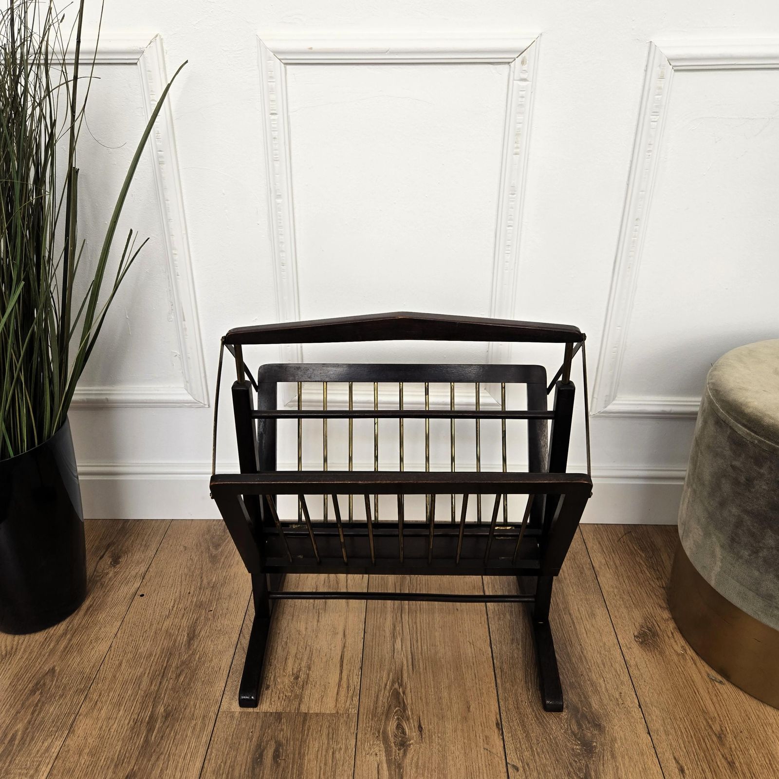 photo furniture 1960s Italian Mid Century Brass & Wood Folding Folio Stand Magazine Rack