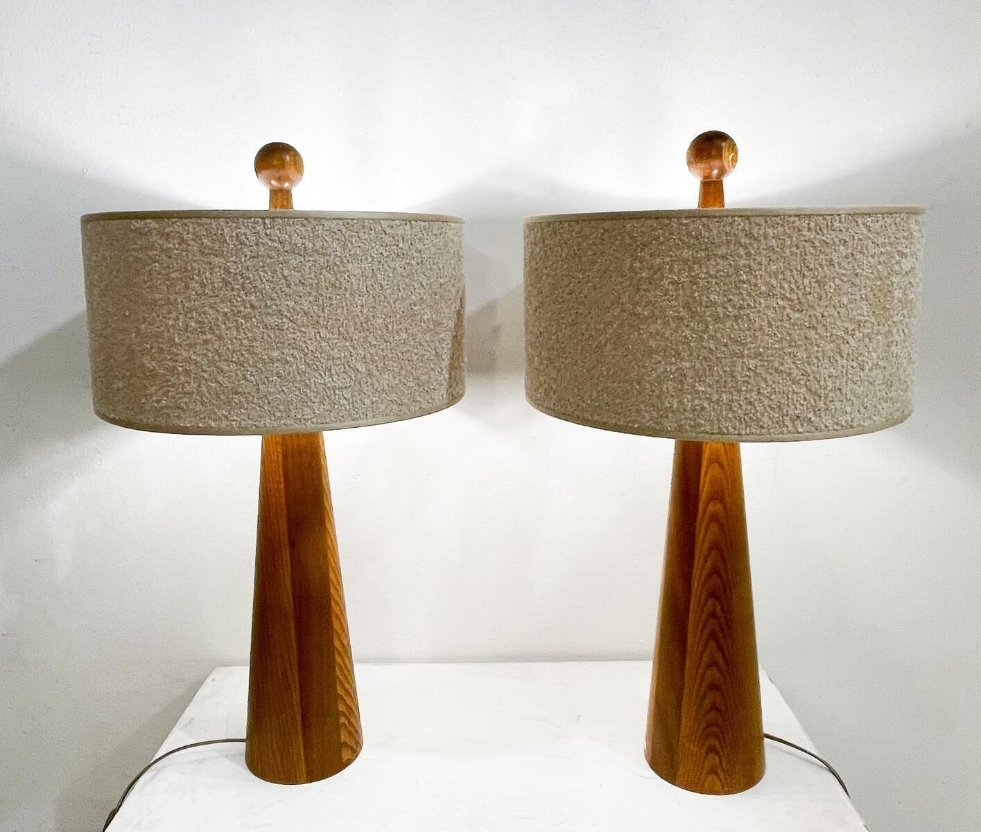 Pair Of Modern Conical Wooden Table Lamps, Boucle Lampshade, Italy photo furniture