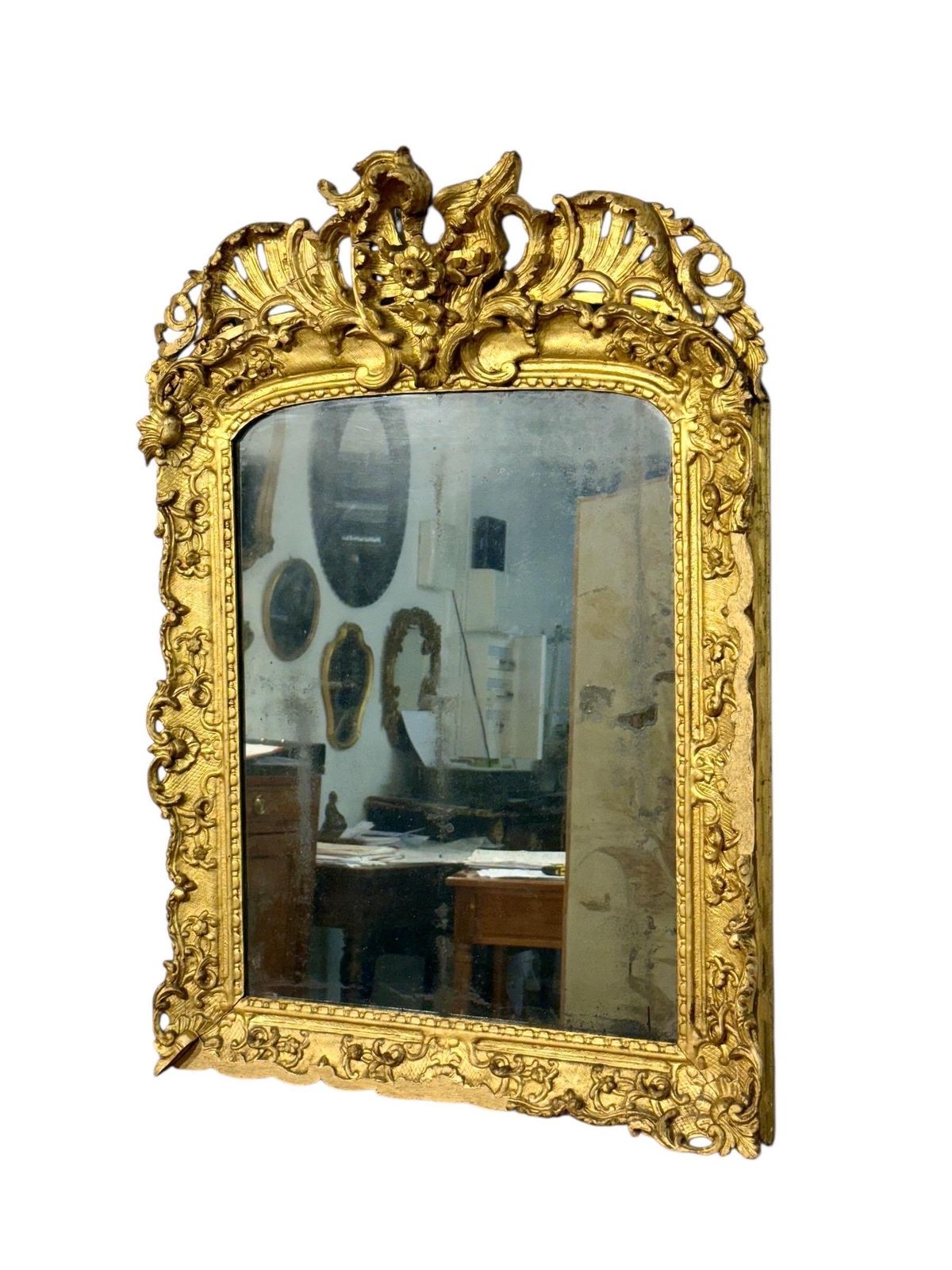 3328.0 18th Century French Louis XV Giltwood Mirror With Original Mercury Glass photo