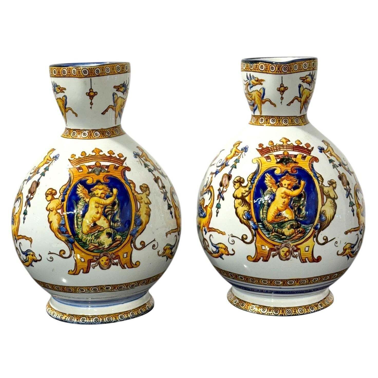 Pair Of Gien Renaissance Revival Faience Pitchers, 19th Century