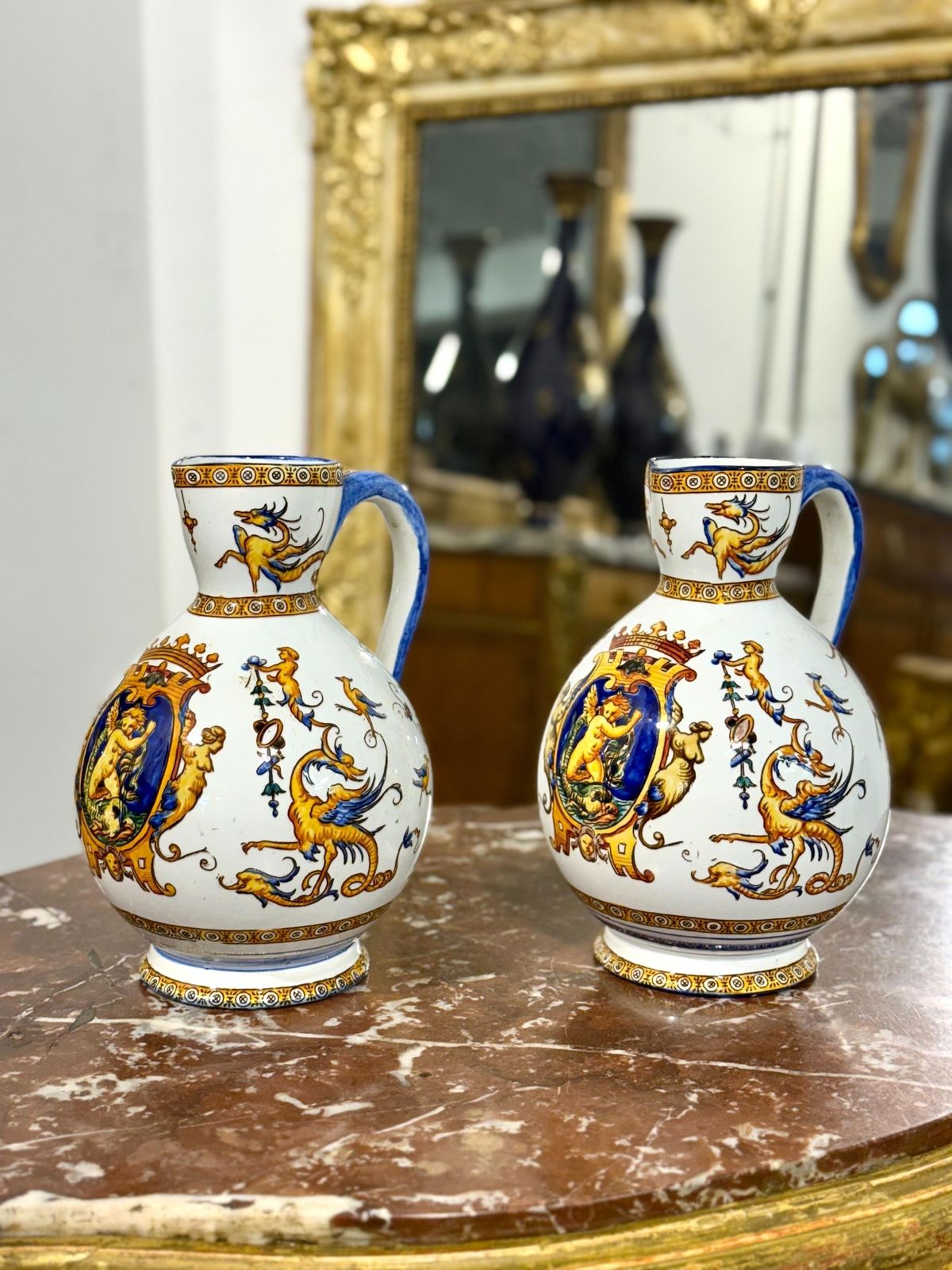 Pair Of Gien Renaissance Revival Faience Pitchers, 19th Century photo furniture
