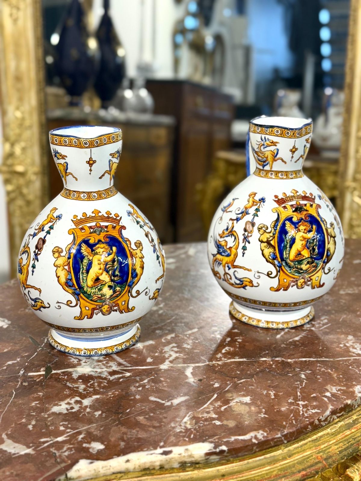 photo buy Pair Of Gien Renaissance Revival Faience Pitchers, 19th Century