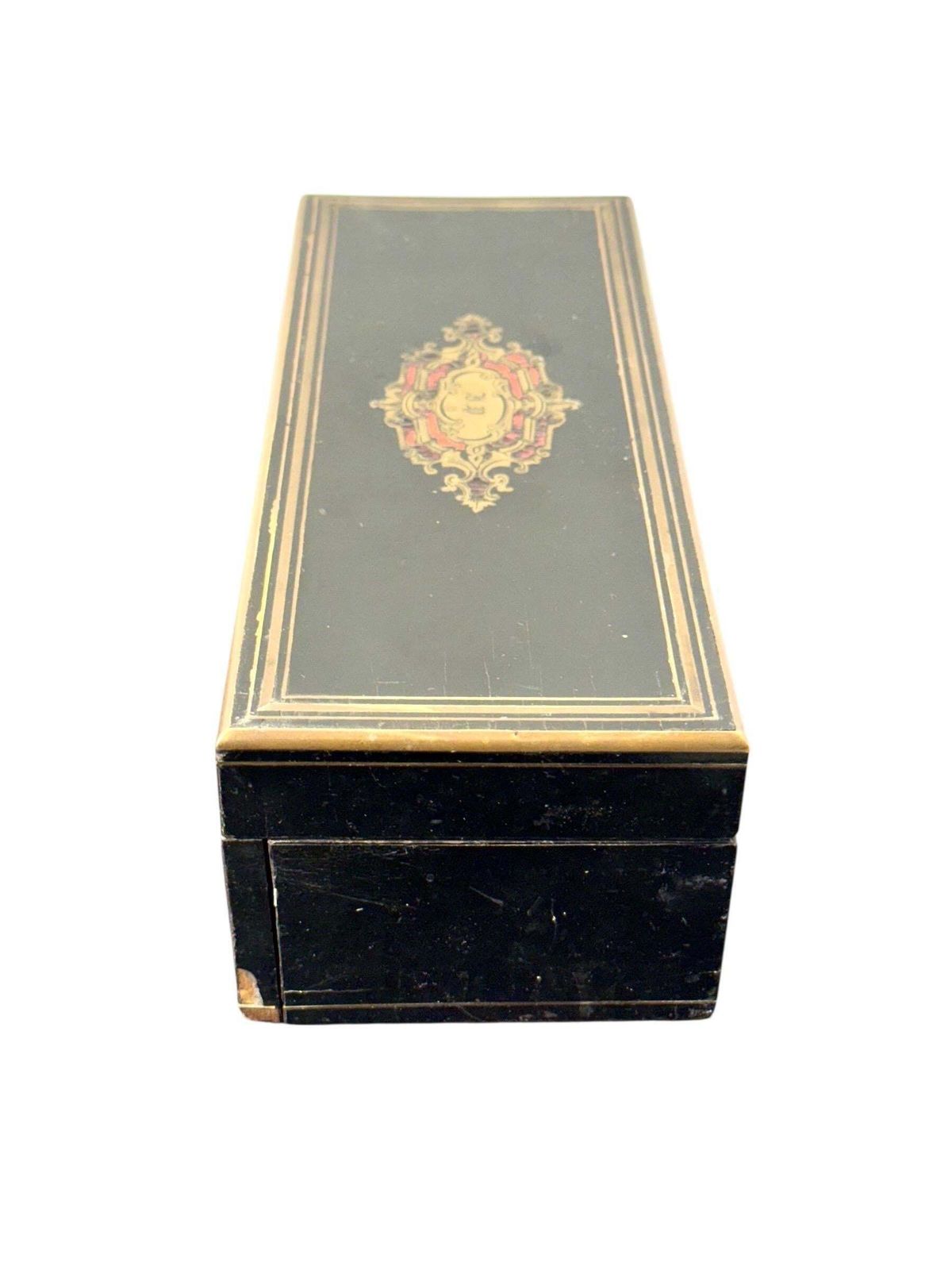 French Napoléon III Black Lacquer Box With Boulle Style Cartouche photo 1006.0