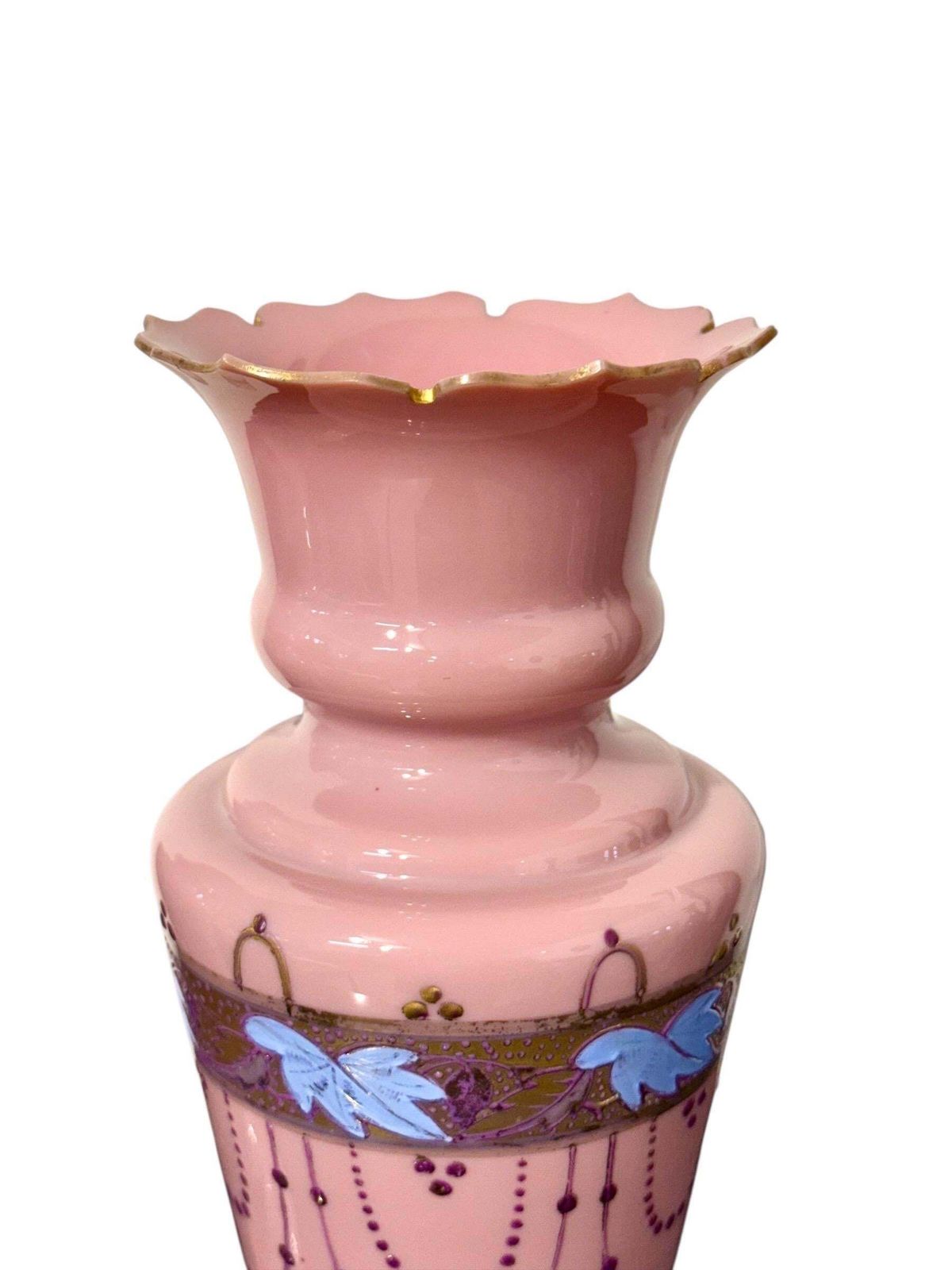 photo for sale Pair Of 19th Century Pink Opaline Glass Vases With Gilt Décor