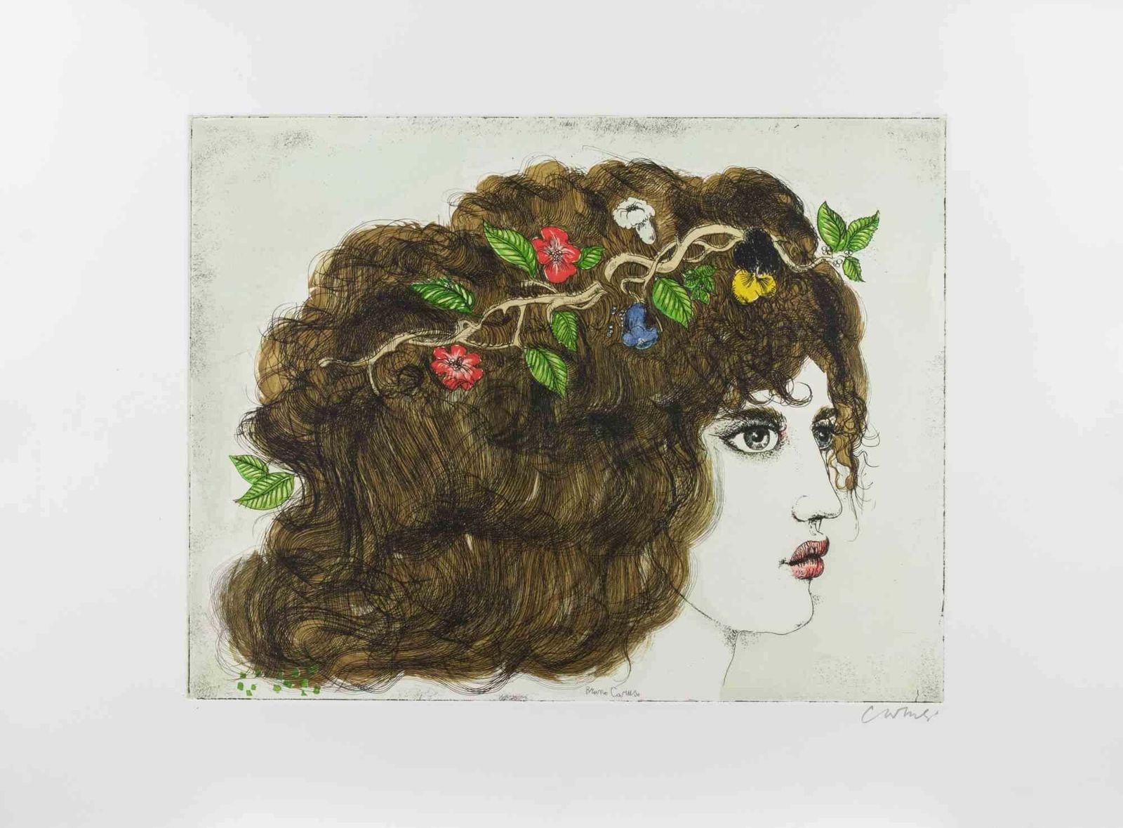 Bruno Carusoportrait With Flowers   Etching By Bruno Caruso   1980s1980s