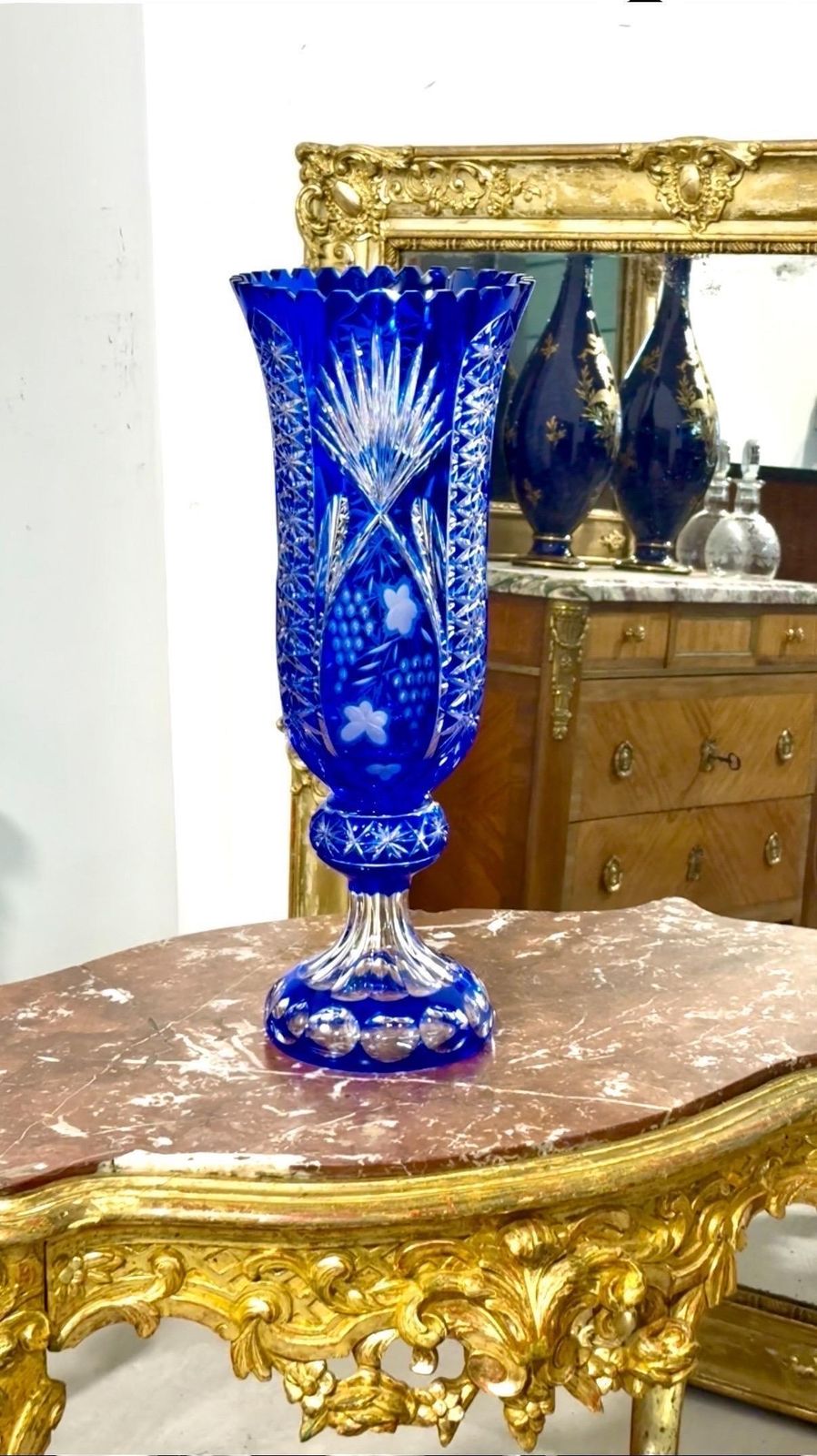 Home Decor Large Blue Overlay Bohemian Crystal Vase On Pedestal Base photo