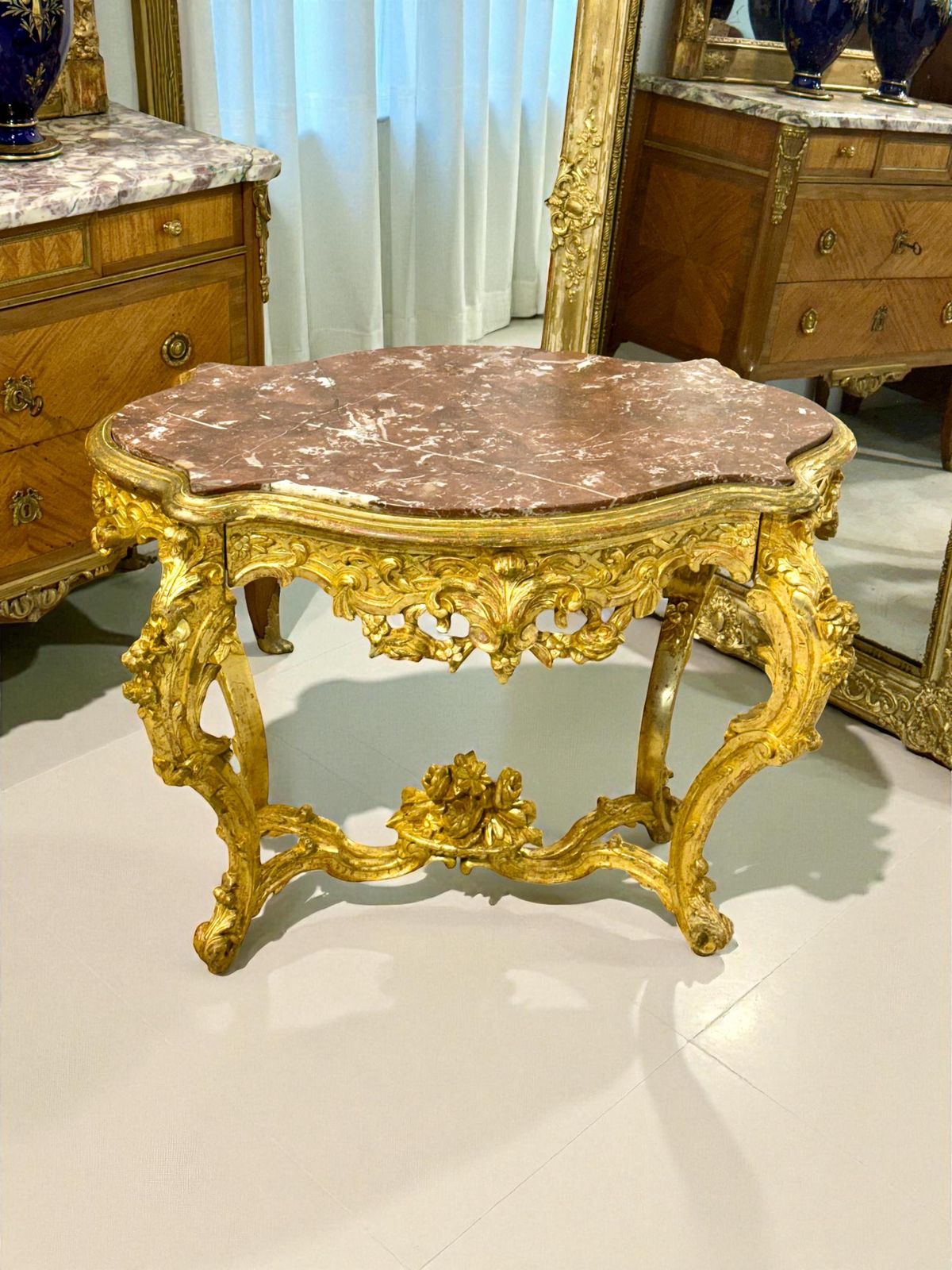 Louis XV Style Giltwood Center Table With Breccia Marble Top, 19th Century photo for sale