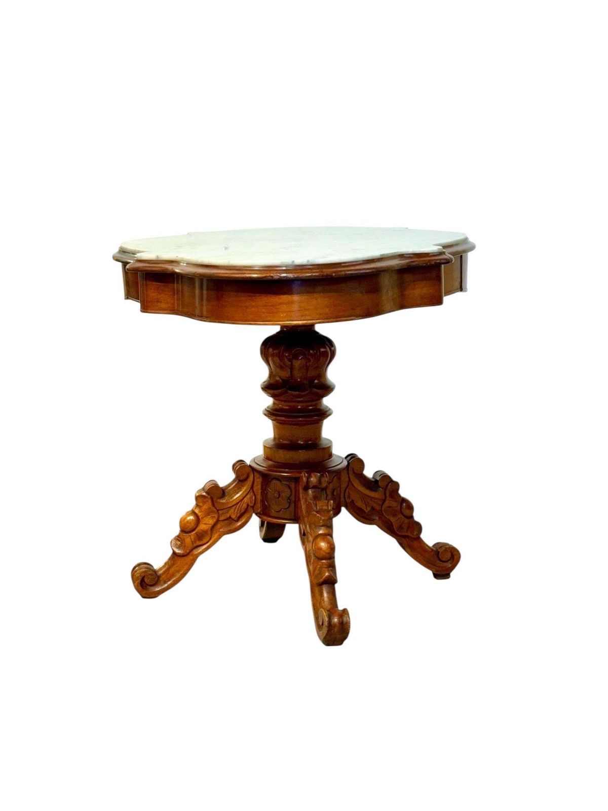 19th Century French Walnut Center Table With Shaped Marble Top And Drawers photo for sale