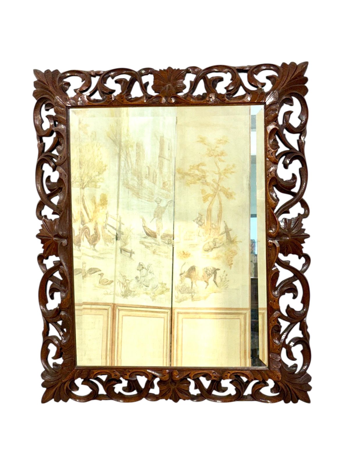 19th Century French Hand Carved Oak Beveled Mirror photo Home Decor