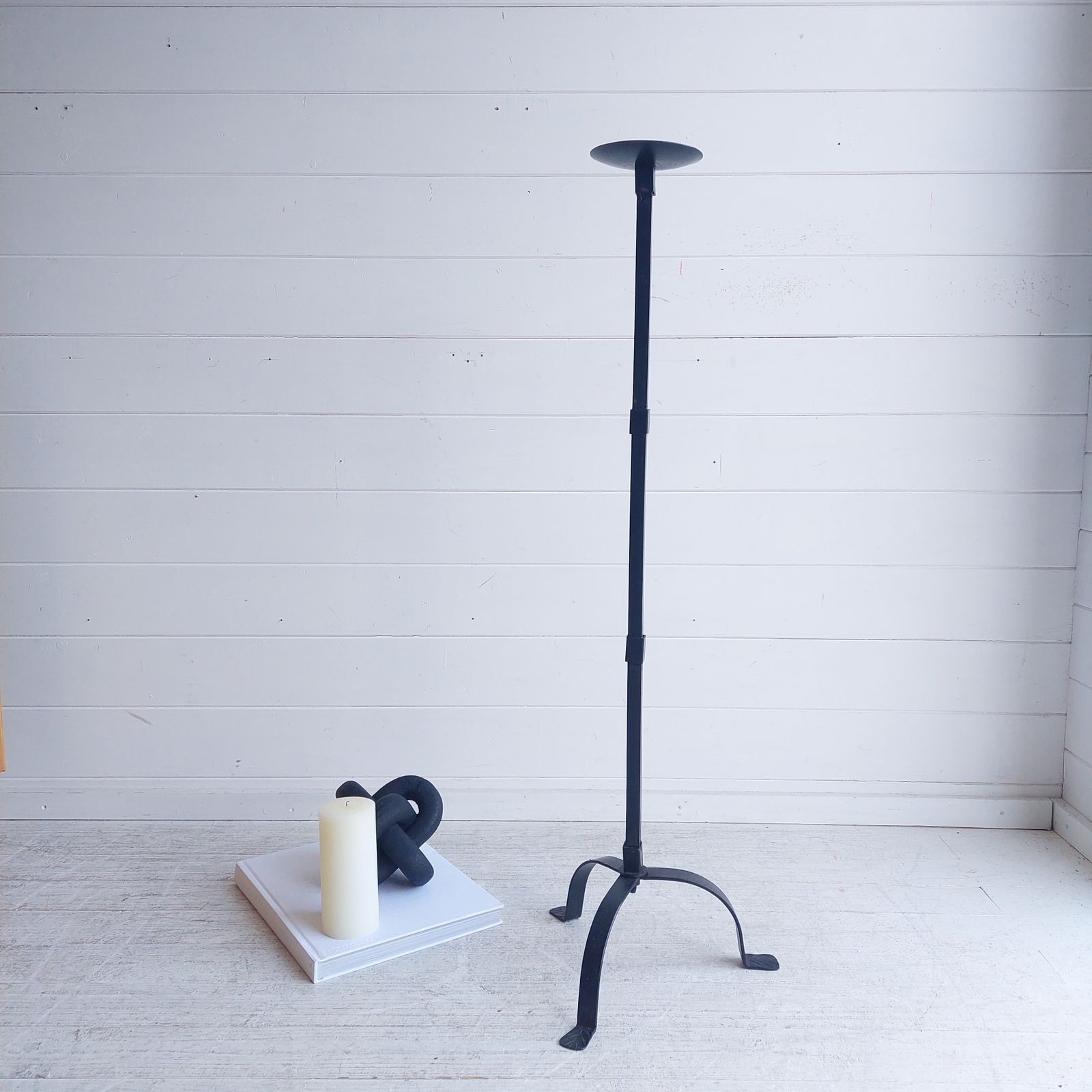 Mid Century Brutalist Wrought Iron Tripod Floor Candleholder Large Candlestick Torchere, 1960s photo Home Decor