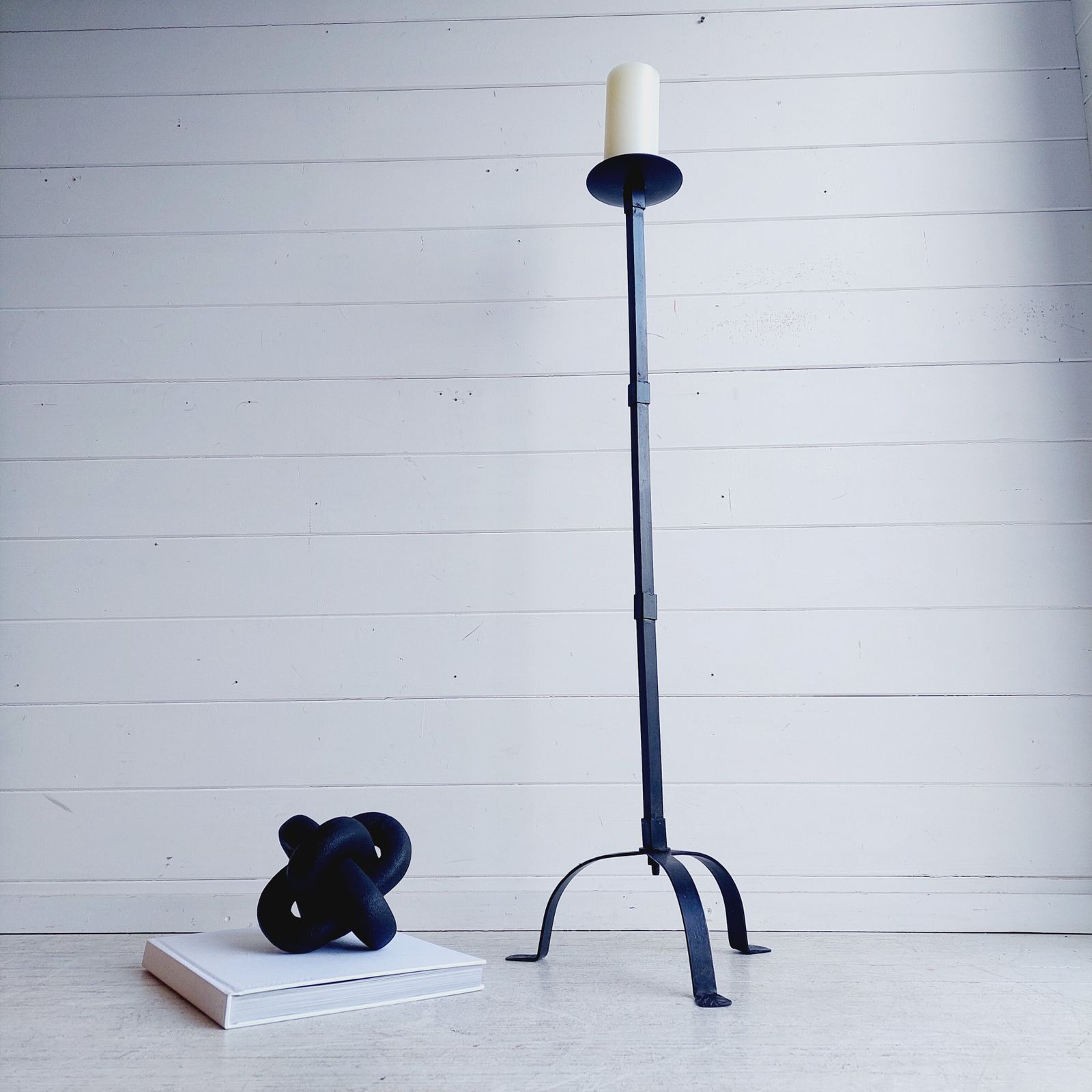 Mid Century Brutalist Wrought Iron Tripod Floor Candleholder Large Candlestick Torchere, 1960s photo vinterior