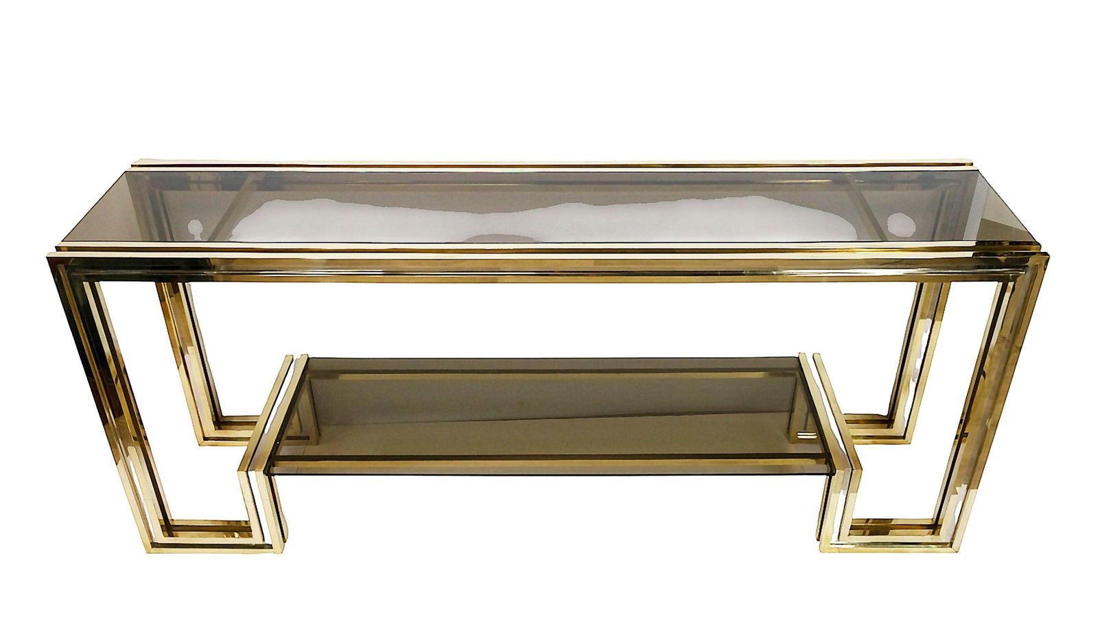 Italian Rare Mid Century Brass, Chrome And Glass Console Table By Romeo Rega photo furniture