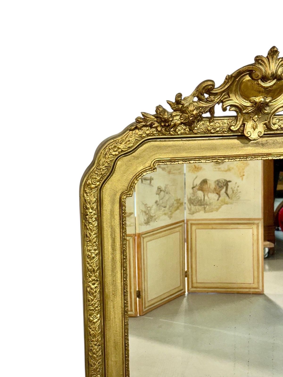 19th Century French Gilded Mirror With Floral Crest And Original Glass photo for sale