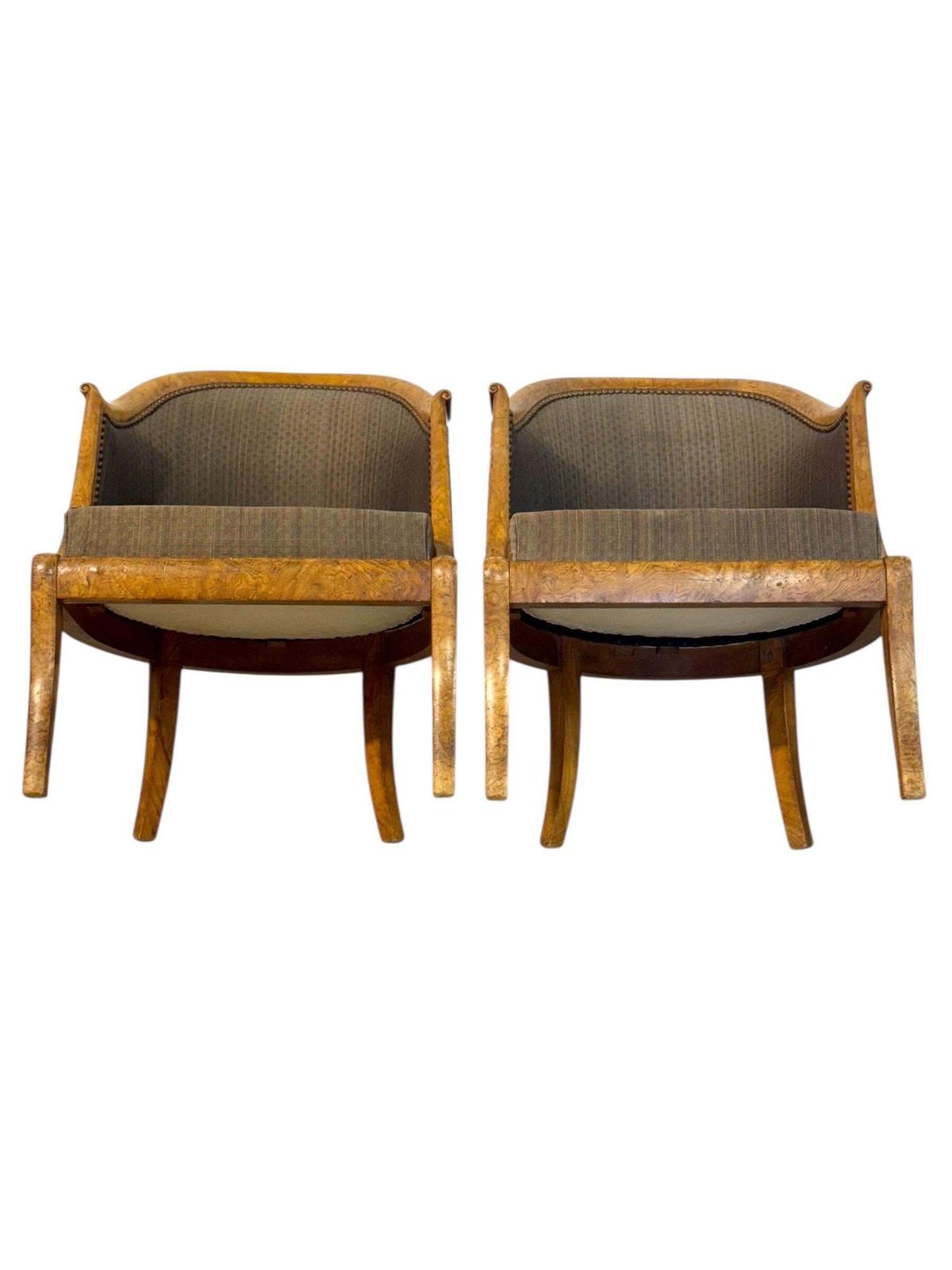 photo for sale Pair Of 19th Century French Empire Style Burl Wood Gondola Armchairs