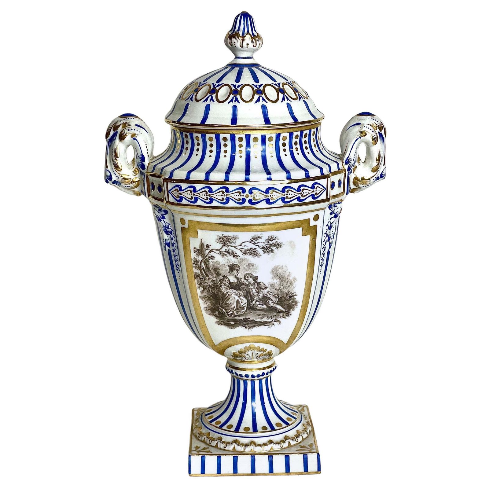 19th Century Paris Porcelain Lidded Urn With Blue, Gold & Sepia Decoration