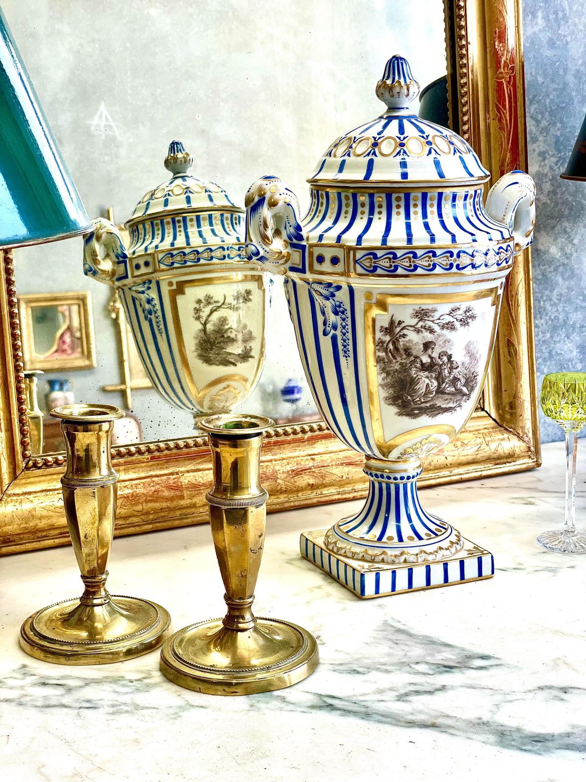 1037.0 19th Century Paris Porcelain Lidded Urn With Blue, Gold & Sepia Decoration photo