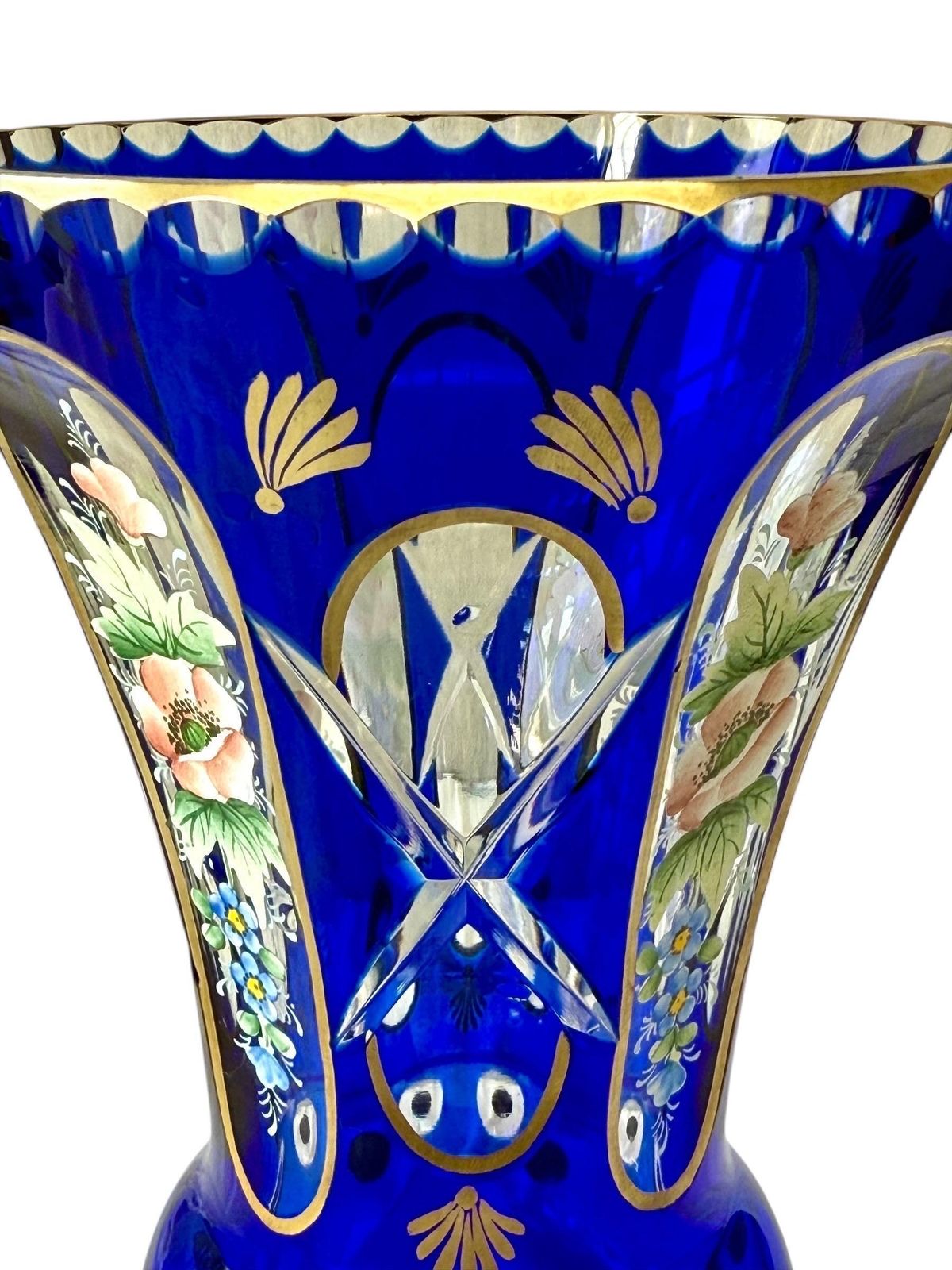 19th Century Cobalt Blue Overlay Crystal Vase With Enamel Flowers photo for sale