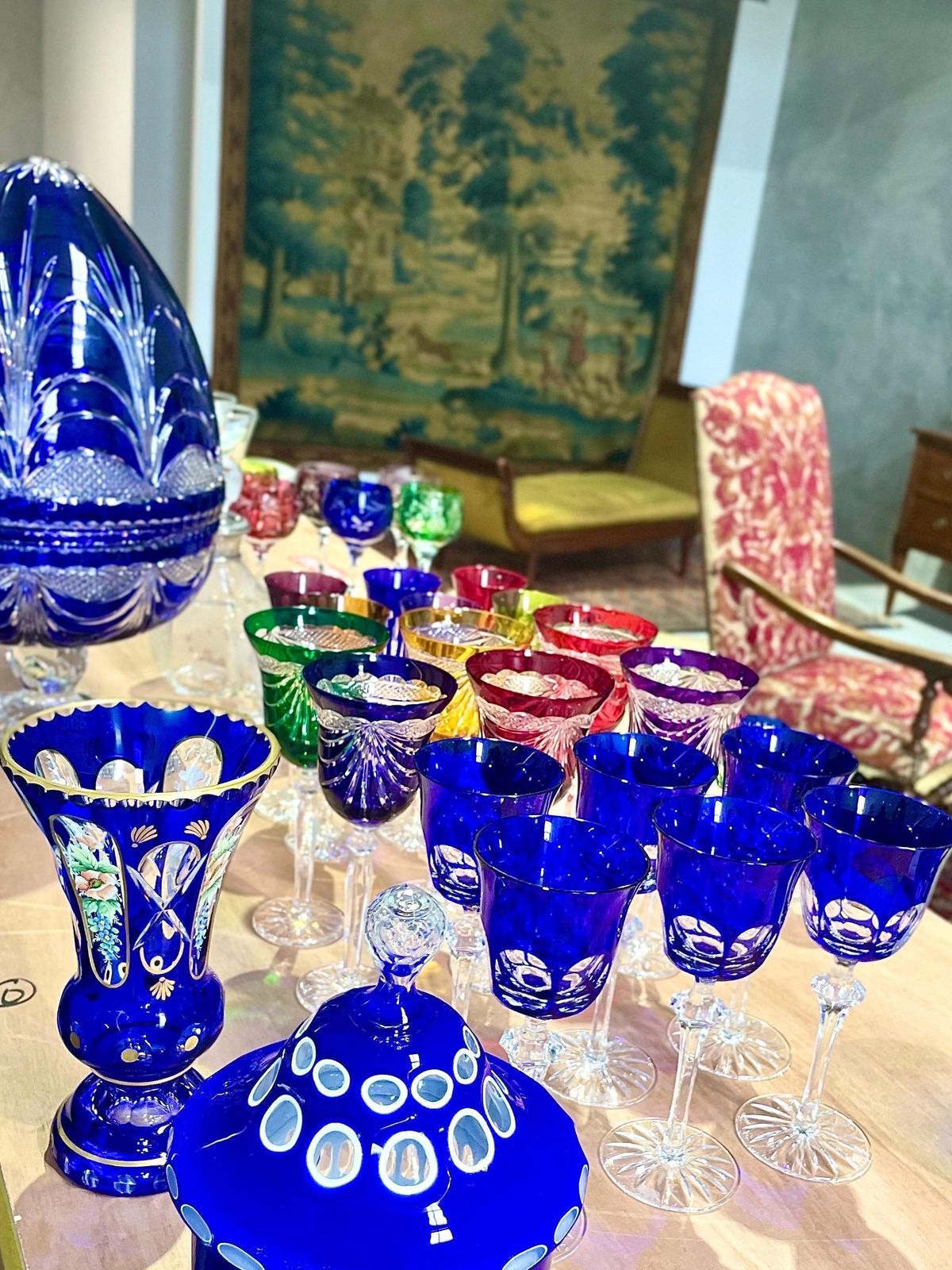 Home Decor 19th Century Cobalt Blue Overlay Crystal Vase With Enamel Flowers photo