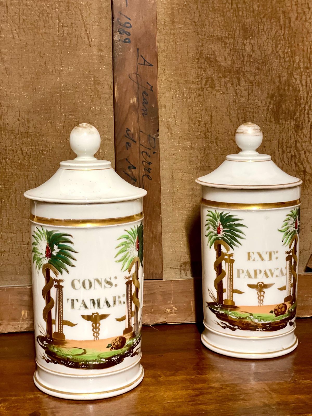 Pair Of 19th Century French Porcelain Apothecary Lidded Jars photo for sale