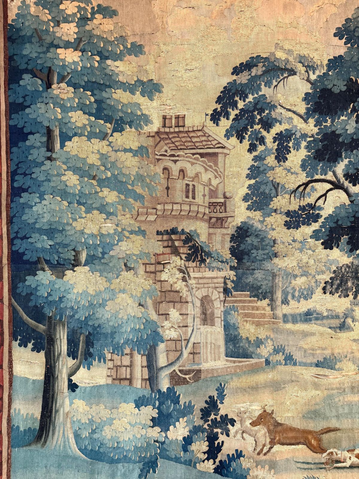 Large 18th Century Verdure Tapestry With Pastoral Scene And Wolf Attack photo furniture