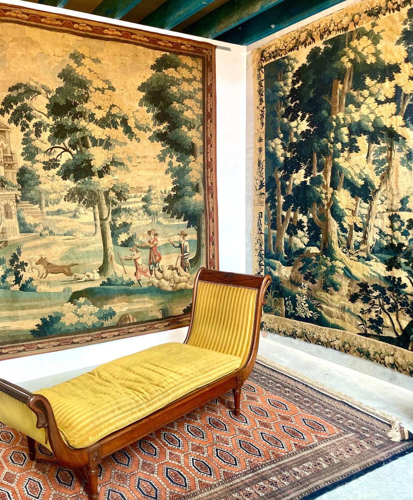 Large 18th Century Verdure Tapestry With Pastoral Scene And Wolf Attack photo for sale