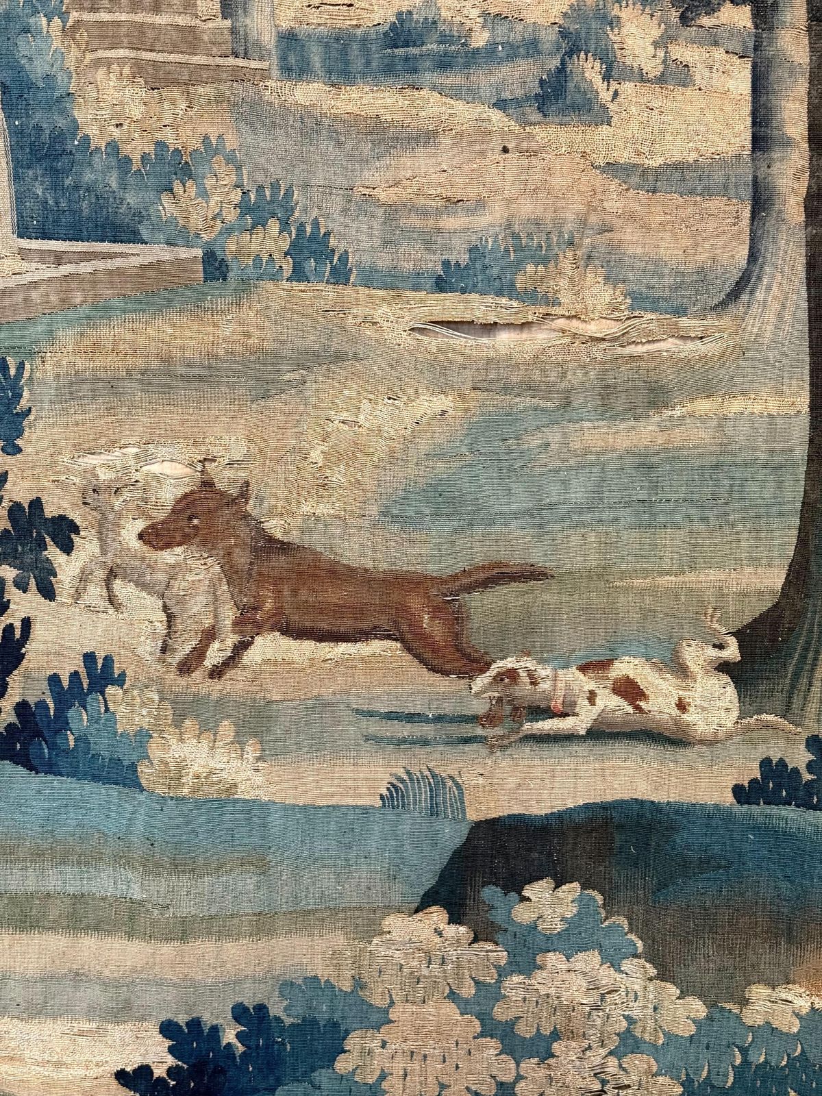 Large 18th Century Verdure Tapestry With Pastoral Scene And Wolf Attack photo vintage