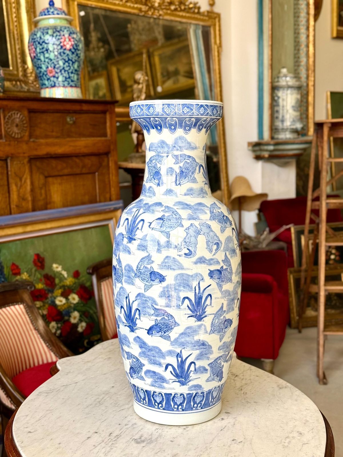 Large Chinese Blue And White Porcelain Vase With Koi Fish Motif photo for sale