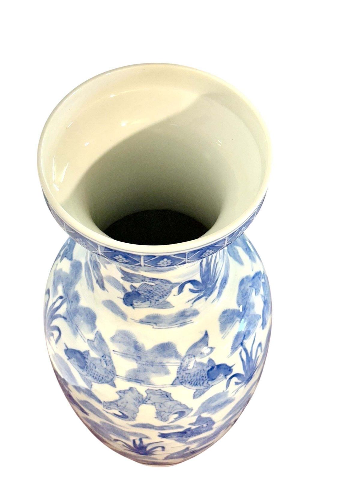Large Chinese Blue And White Porcelain Vase With Koi Fish Motif photo vintage