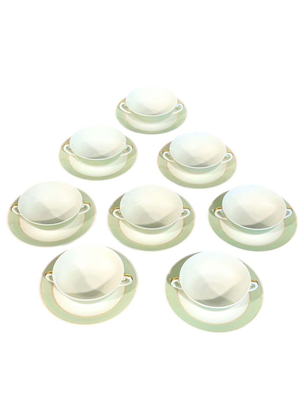 Home Decor 8 Limoges Porcelain Bouillons By A. Vignaud With Gold And Celadon Trim photo