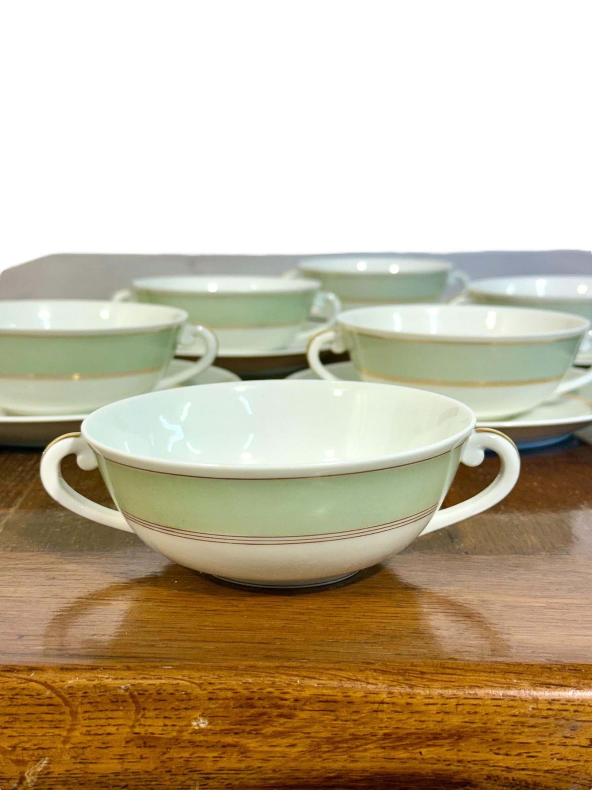 1403.0 8 Limoges Porcelain Bouillons By A. Vignaud With Gold And Celadon Trim photo