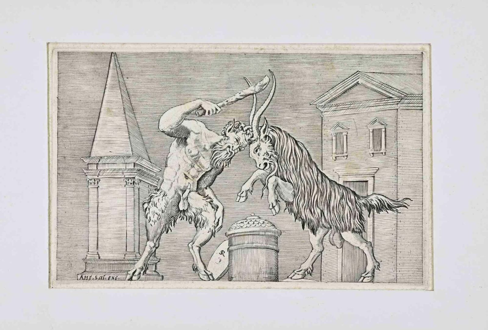 Marco Gattia Satyr And A Ram Clashin   Etching By Marco Gatti   16th Century16th Century