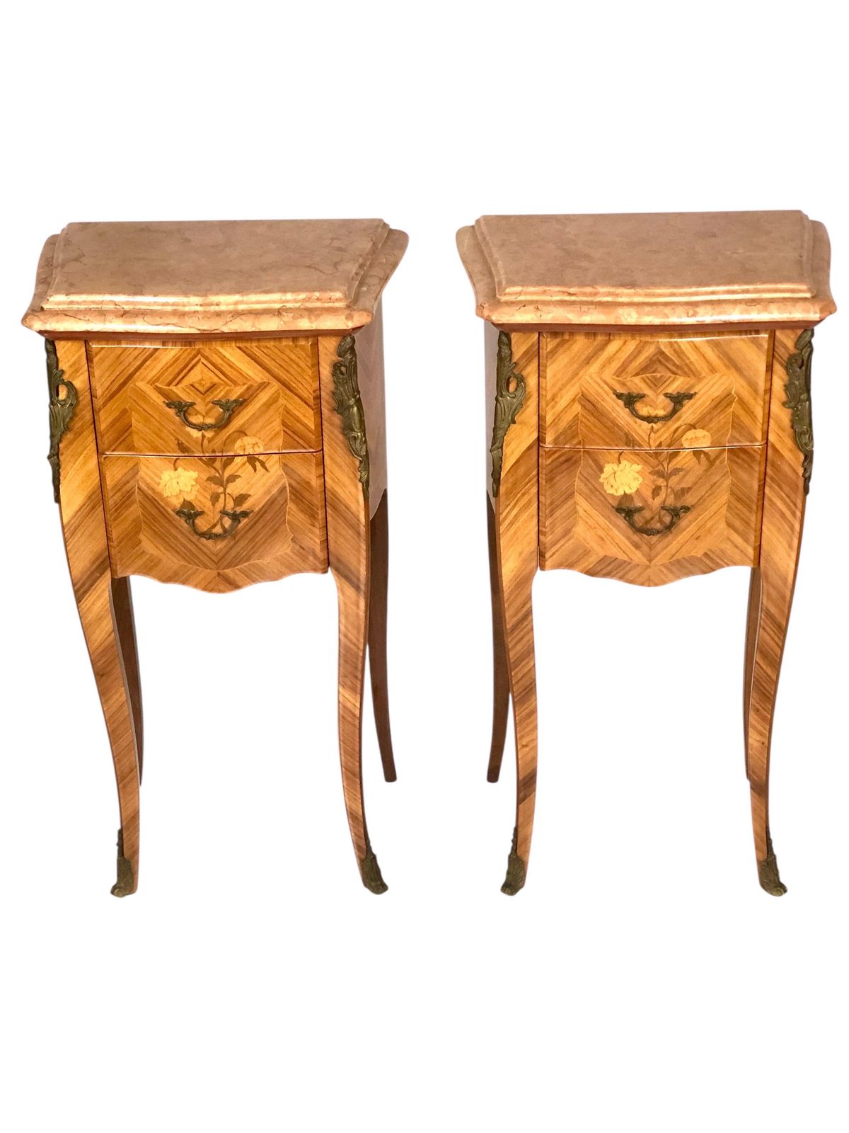 Pair Of French Louis XV Style Marquetry Nightstands With Marble Tops photo Furniture