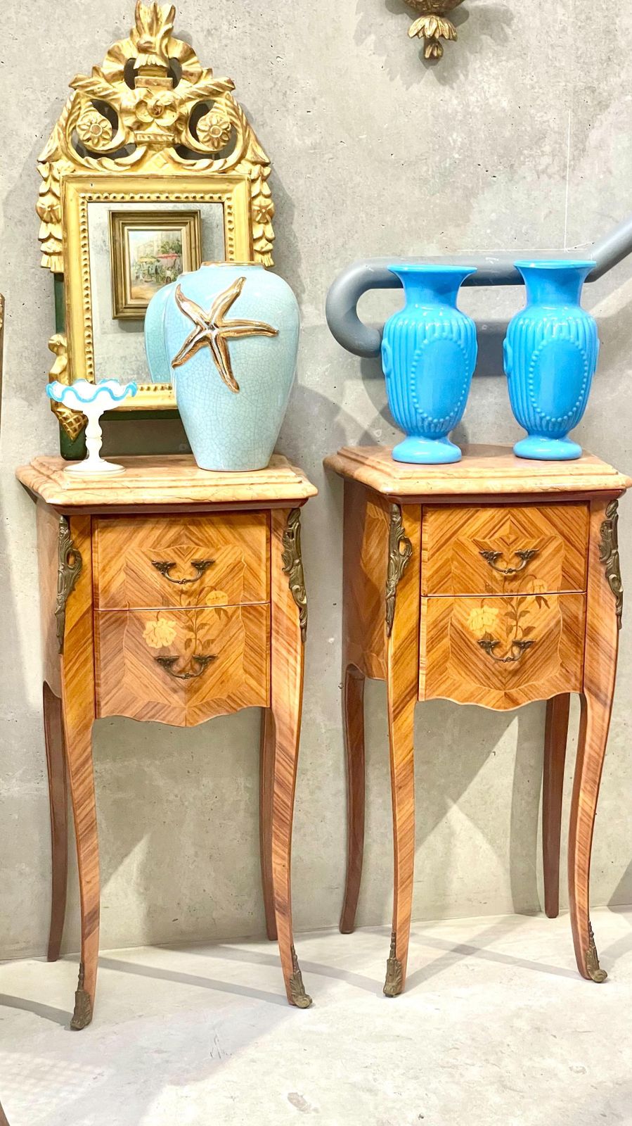 photo buy Pair Of French Louis XV Style Marquetry Nightstands With Marble Tops