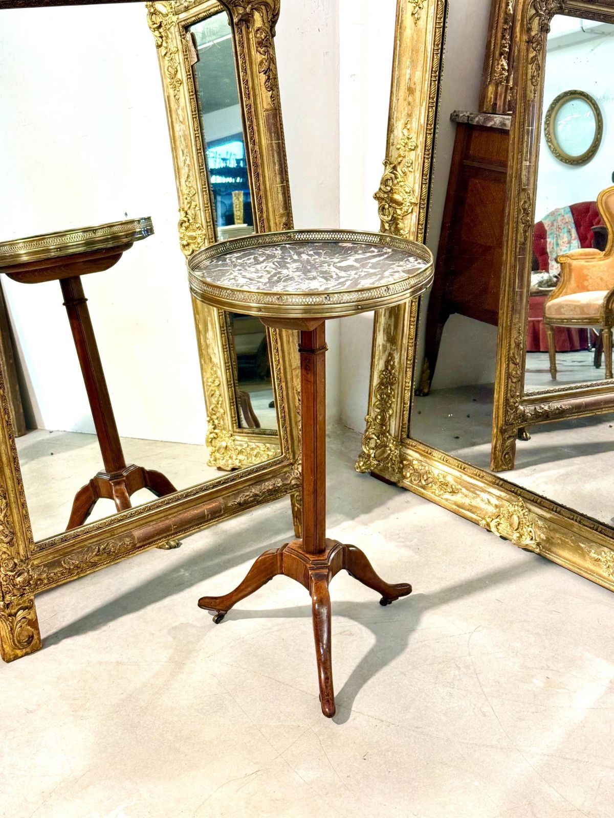 Antique French Gueridon Table With Marble Top And Brass Gallery, 19th C. photo vinterior