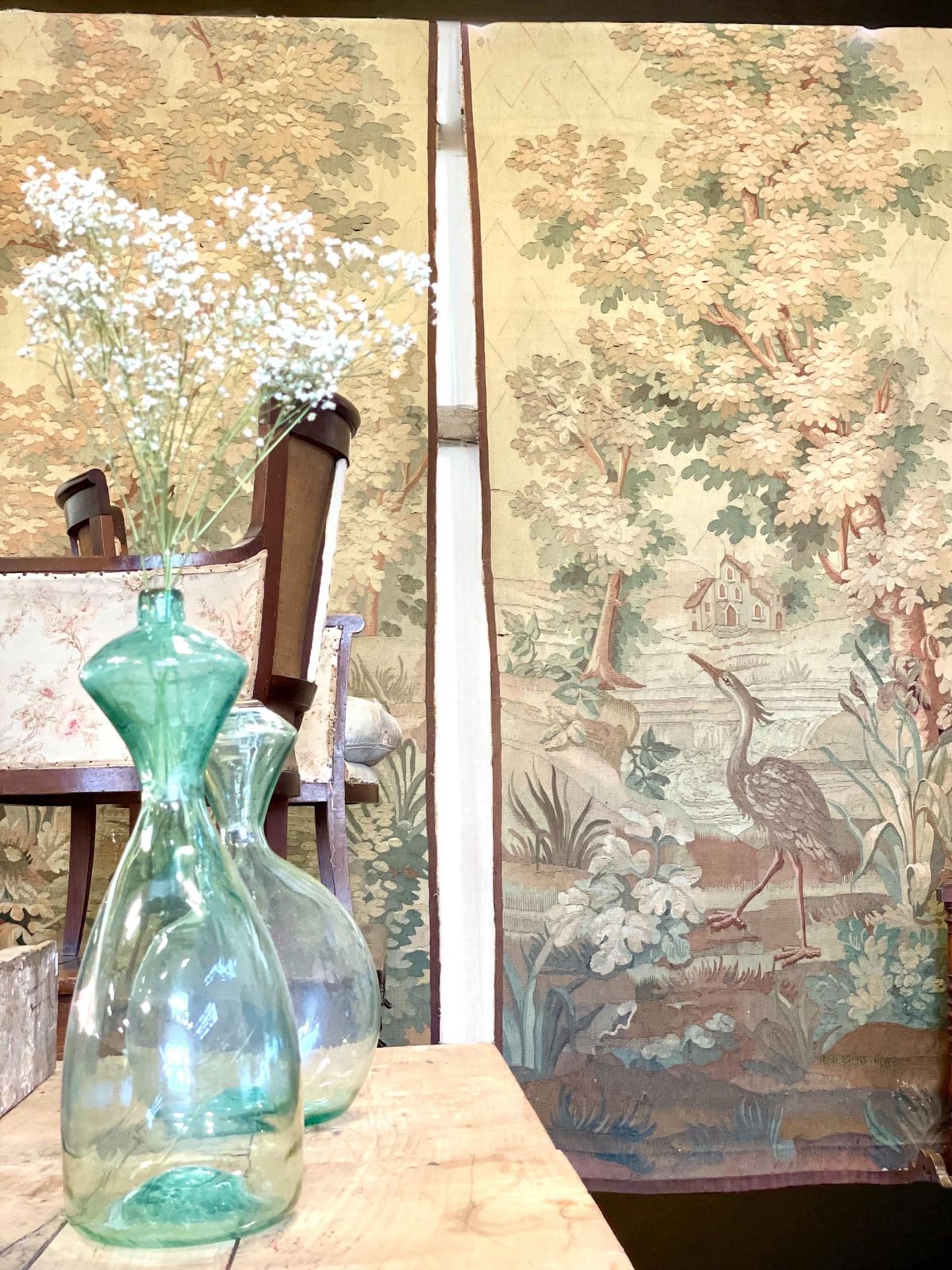 photo for sale 19th Century Rare Pair Of Large Aubusson Verdure Tapestries With Heron And Duck