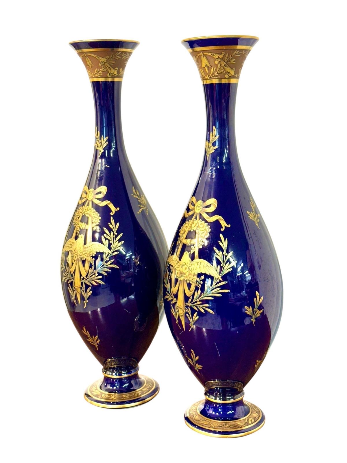 Rare Pair Of Cobalt Blue & Gilt Amphora Vases By Jaget & Pinon, Tours C.1930 photo vinterior