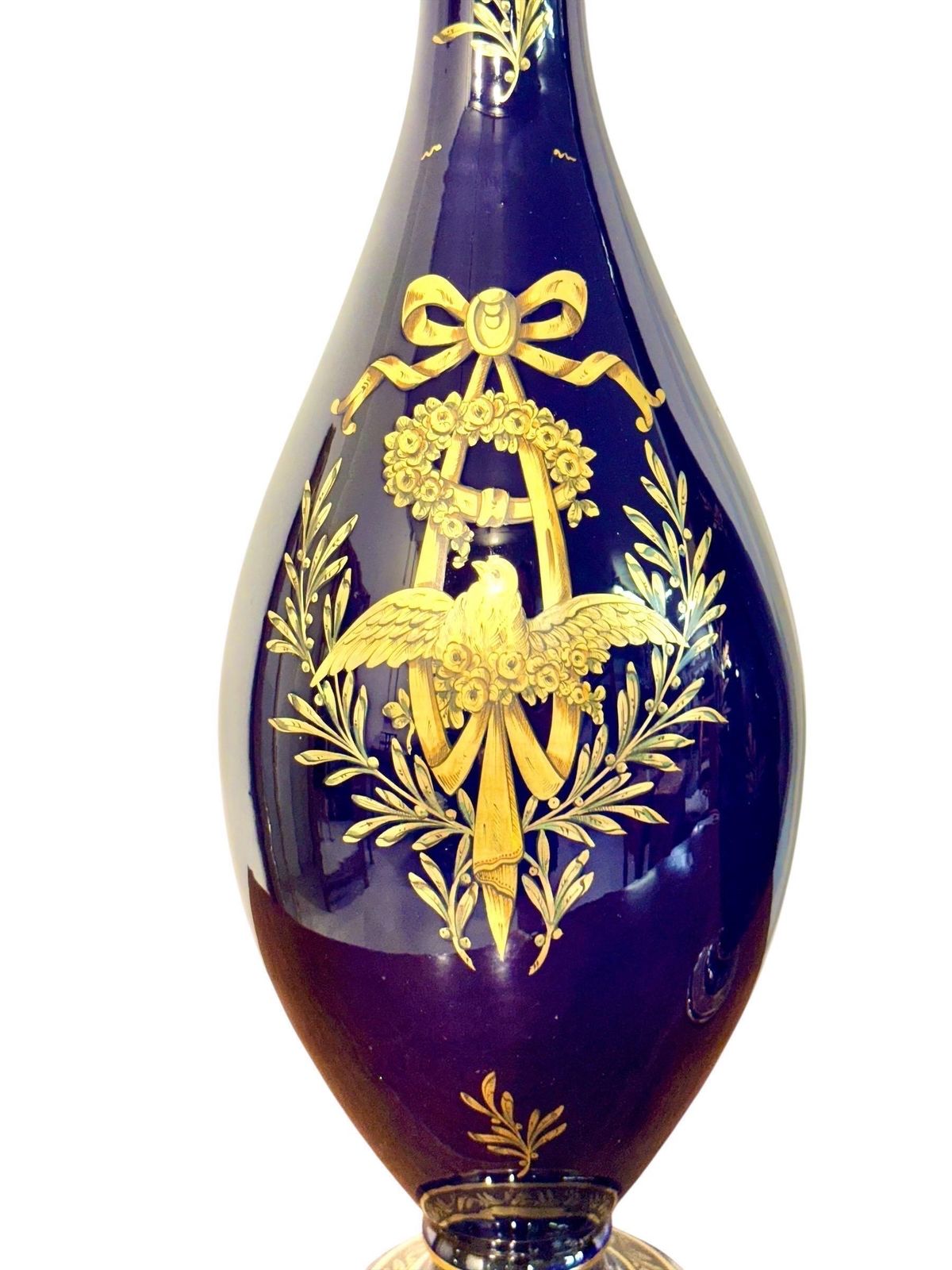 3878.0 Rare Pair Of Cobalt Blue & Gilt Amphora Vases By Jaget & Pinon, Tours C.1930 photo