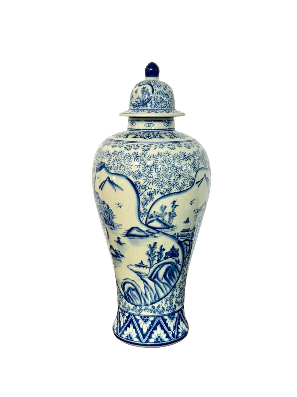 Large Blue And White Faience Lidded Vase With Landscape Motifs photo for sale