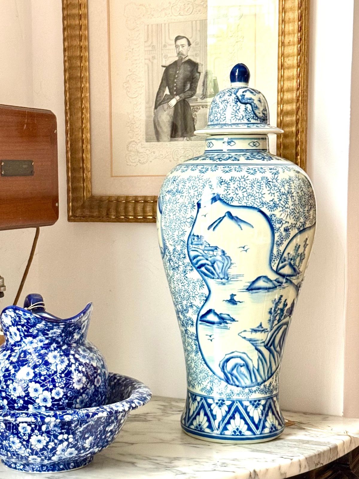 photo buy Large Blue And White Faience Lidded Vase With Landscape Motifs