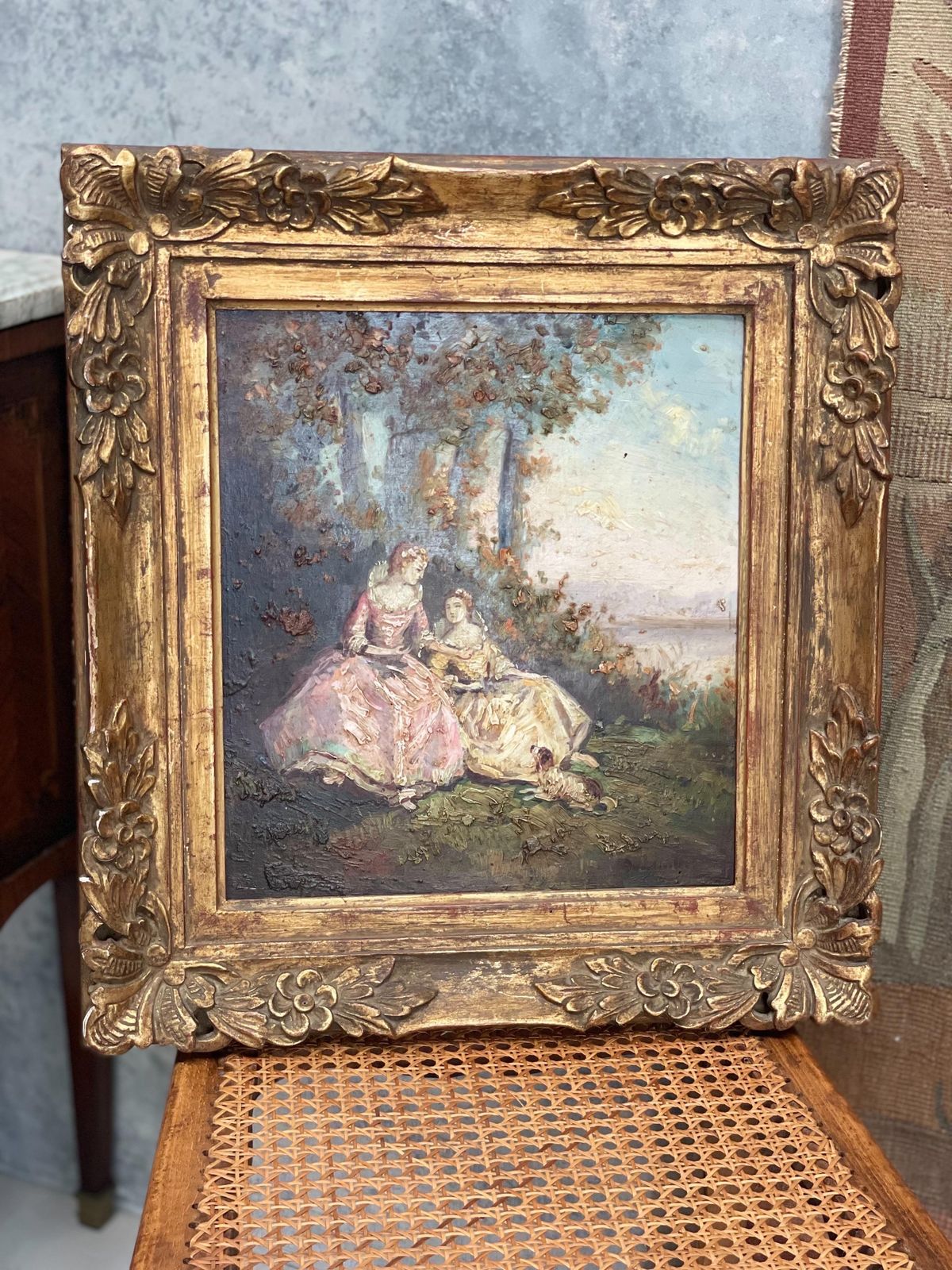 19th Century Romantic Oil Painting Of Ladies By The Riverside photo vinterior