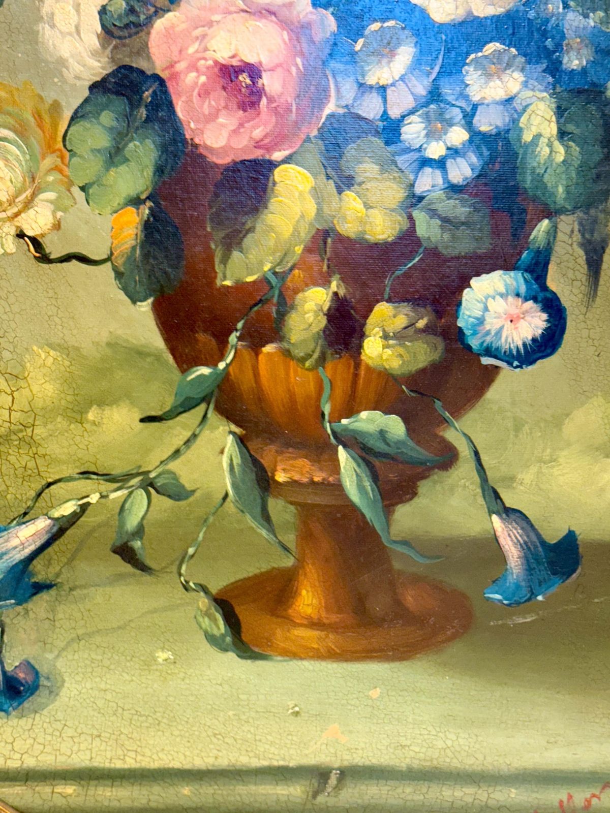 Floral Still Life With Parrot, Oval Oil On Panel, Signed, Late 19th C. photo Art