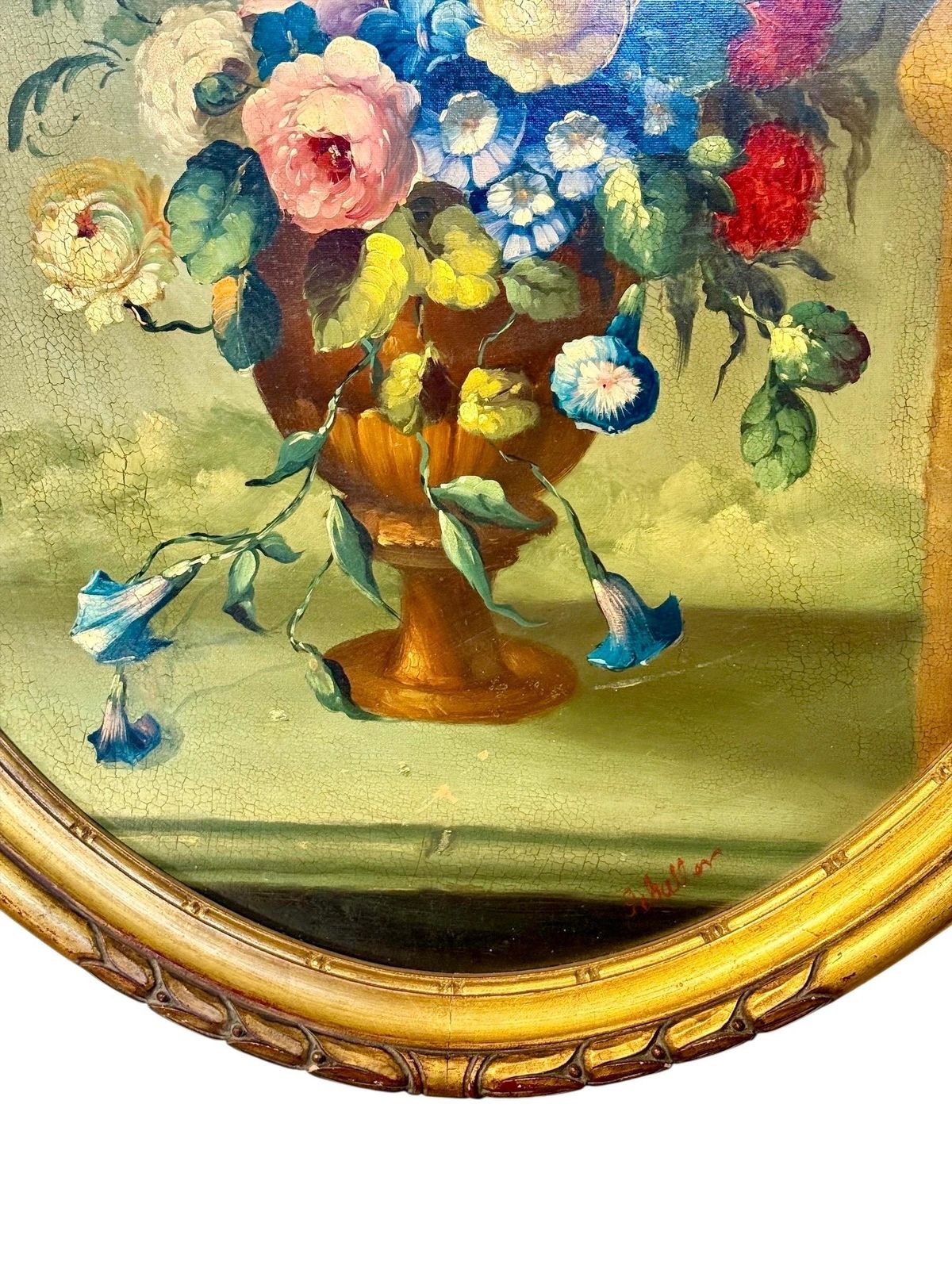 photo vinterior Floral Still Life With Parrot, Oval Oil On Panel, Signed, Late 19th C.
