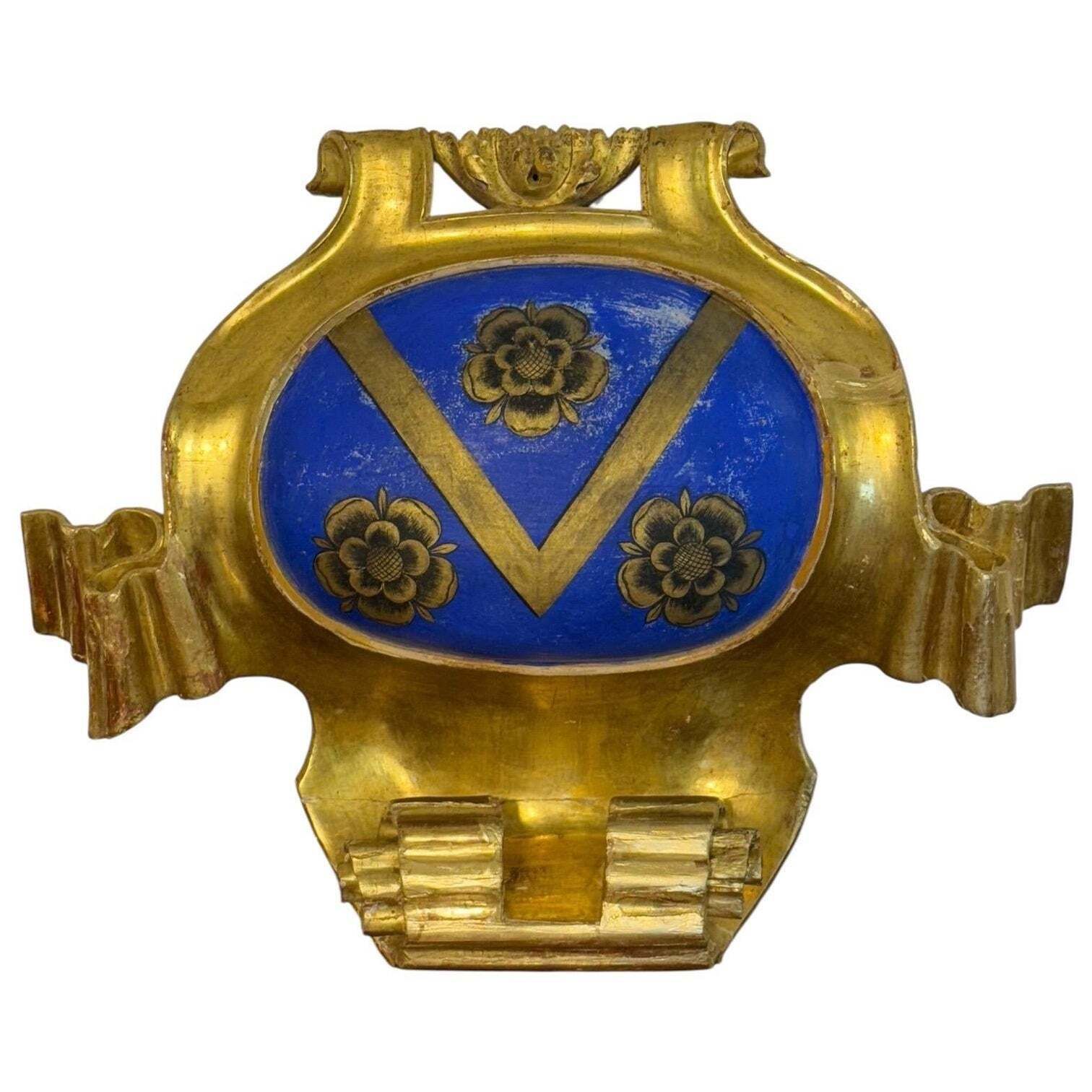 19th Century Giltwood Armorial Escutcheon With Painted Chevron And Roses