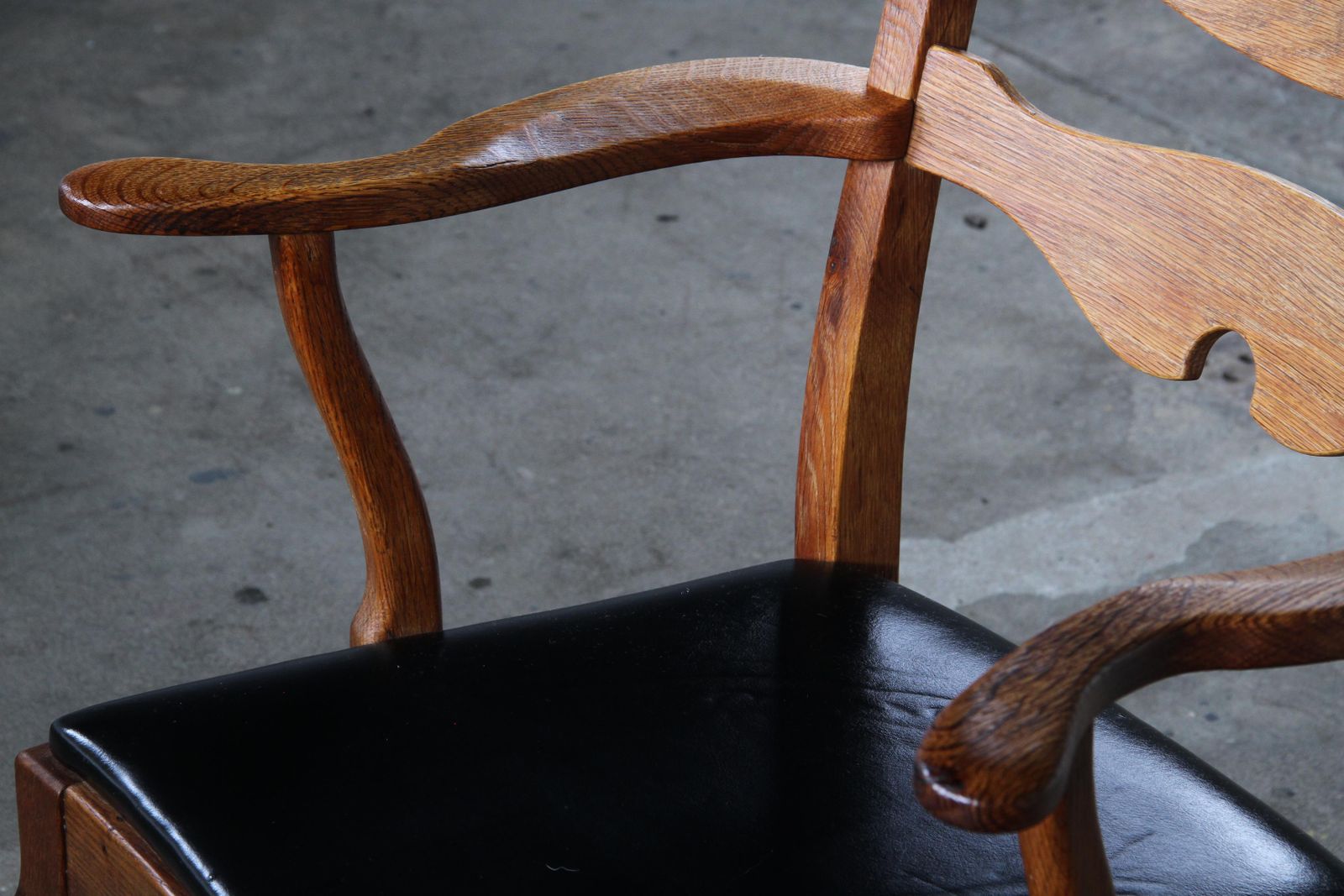 Furniture Vintage 60s Brutalist Solid Oak Razorblade Black Leather Armchair By H. Kjærnulf photo