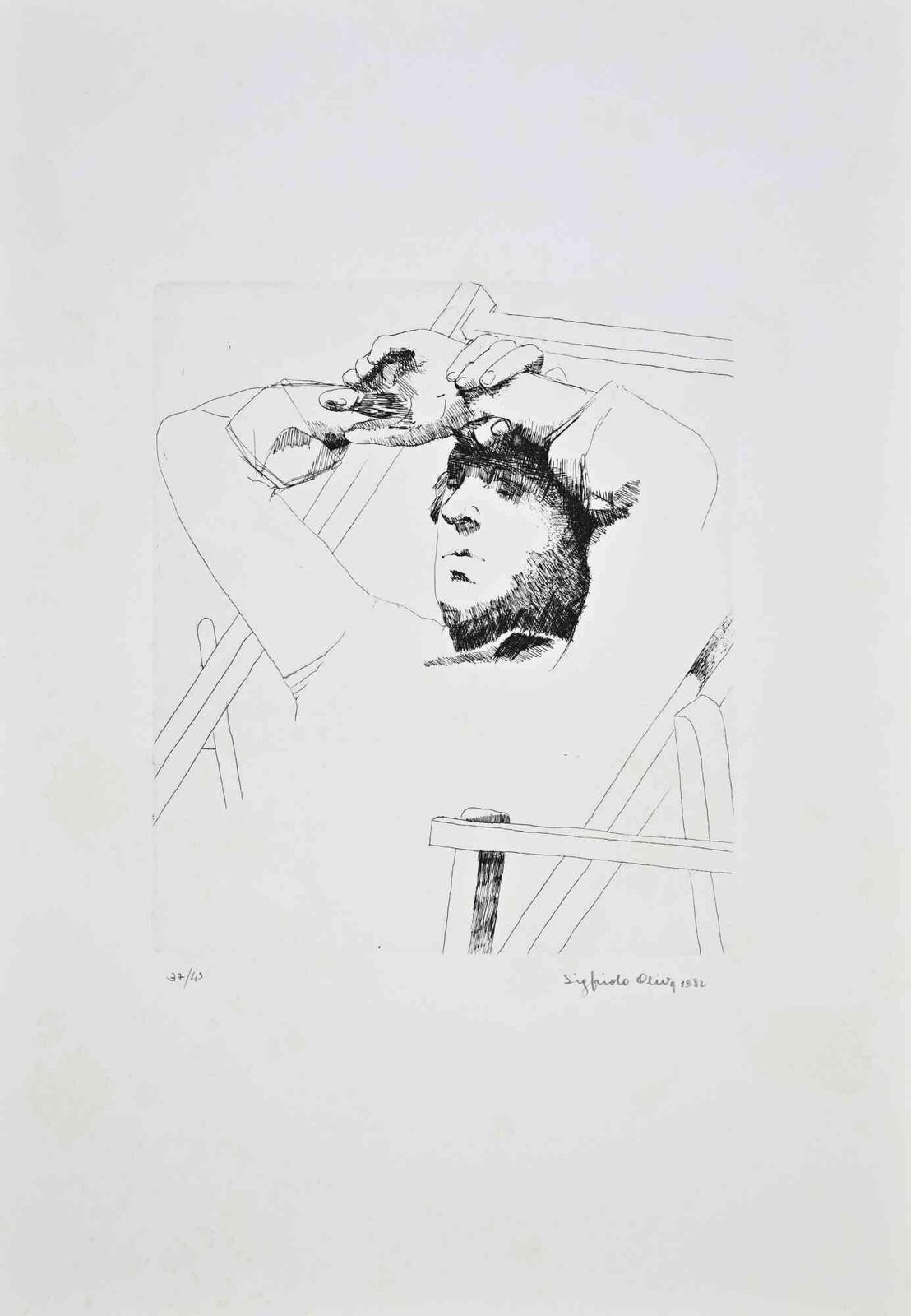 Sigfrido Olivaportrait At The Beach   Etching By Sigfrido Oliva   19821982