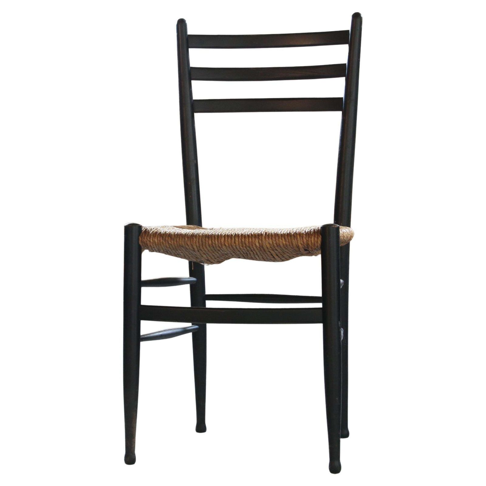 Vintage Set Of 8 Italian Papercord Black Dining Chairs, Woven Seat, 1950s