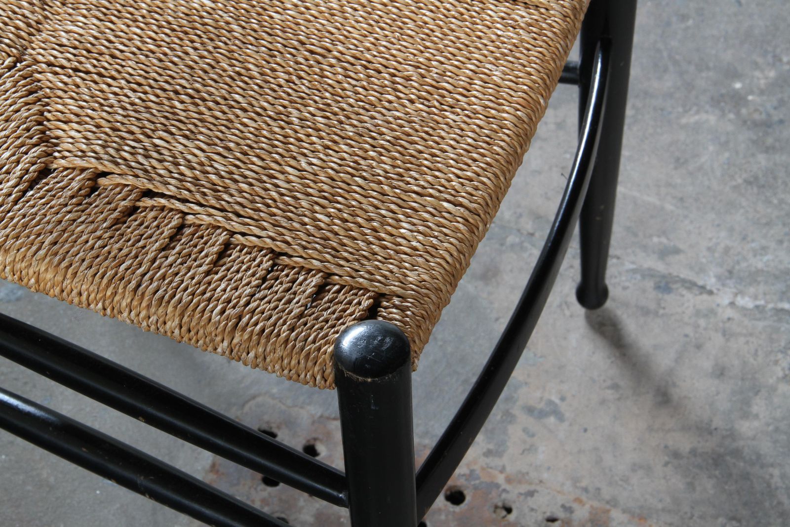 Vintage Set Of 8 Italian Papercord Black Dining Chairs, Woven Seat, 1950s photo vintage