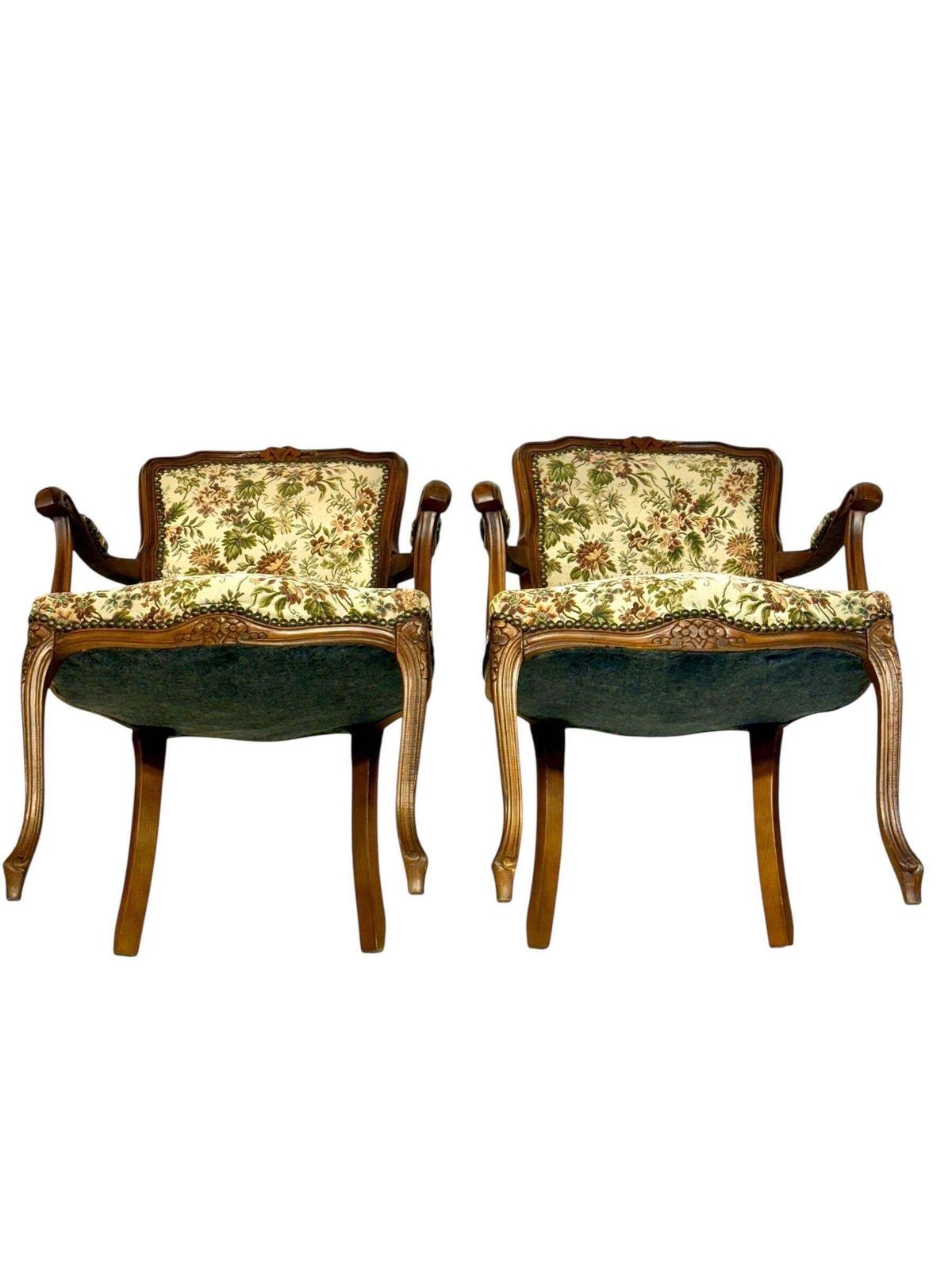 photo for sale Pair Of French Beech Louis XV Style Armchairs With Floral Tapestry, 20th C.
