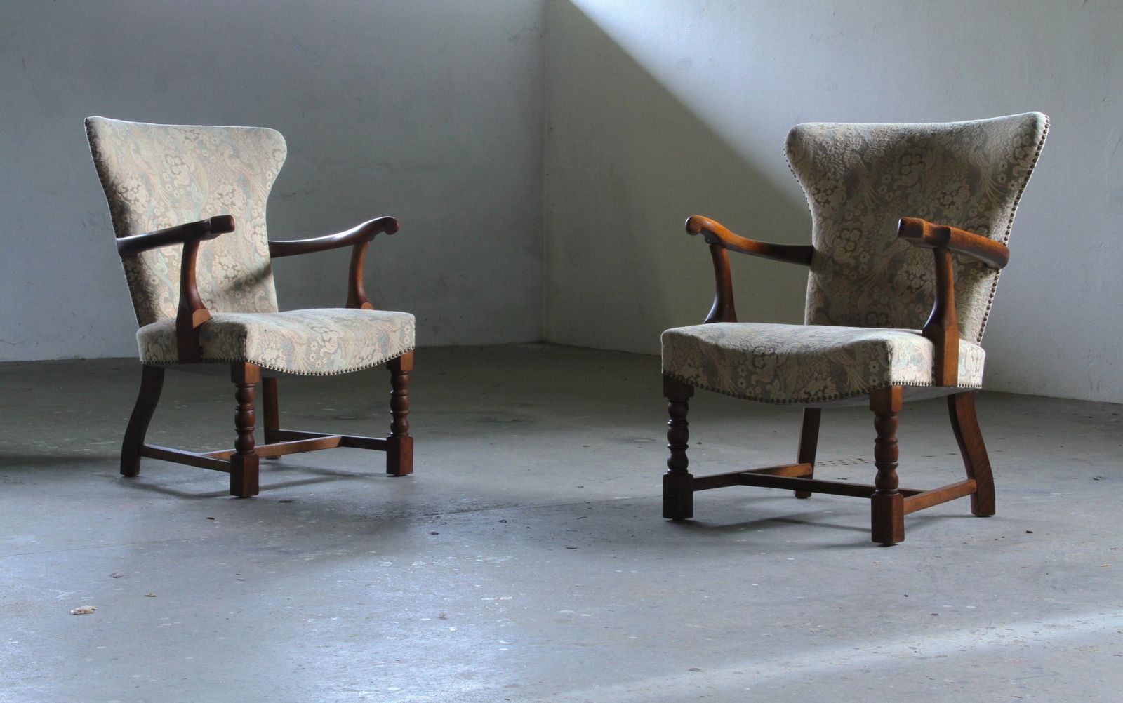 Vintage Danish Art Deco Pair Of Armchairs In Solid Oak   1940s photo furniture