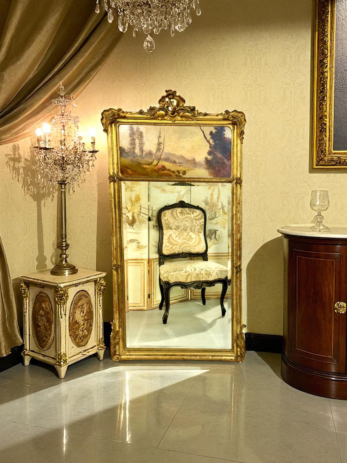 French Giltwood Trumeau Mirror With Beveled Glass, Signed Crassous Fils 1919 photo furniture